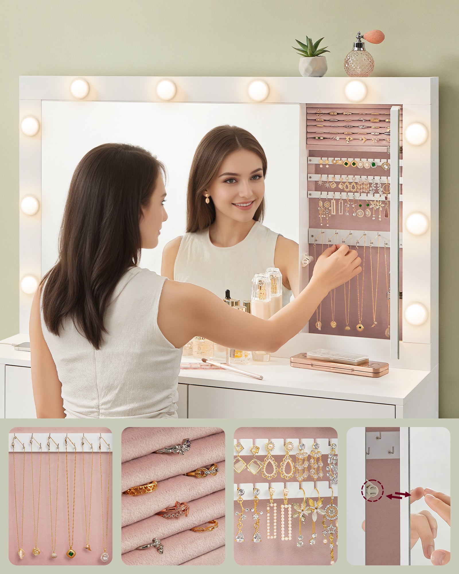 Coiffeuse, Table de Maquillage avec Tiroir, avec Éclairage LED et Miroir, Armoire à Bijoux, Multiprise, 40 x 125 x 140 cm, Blanc Nuage - 7