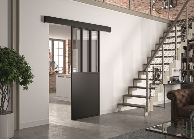 Kit porte coulissante Atelier noir + rail 2 amortisseurs + cache rail décor assorti - vitre claire - H 204 x L 93 cm
