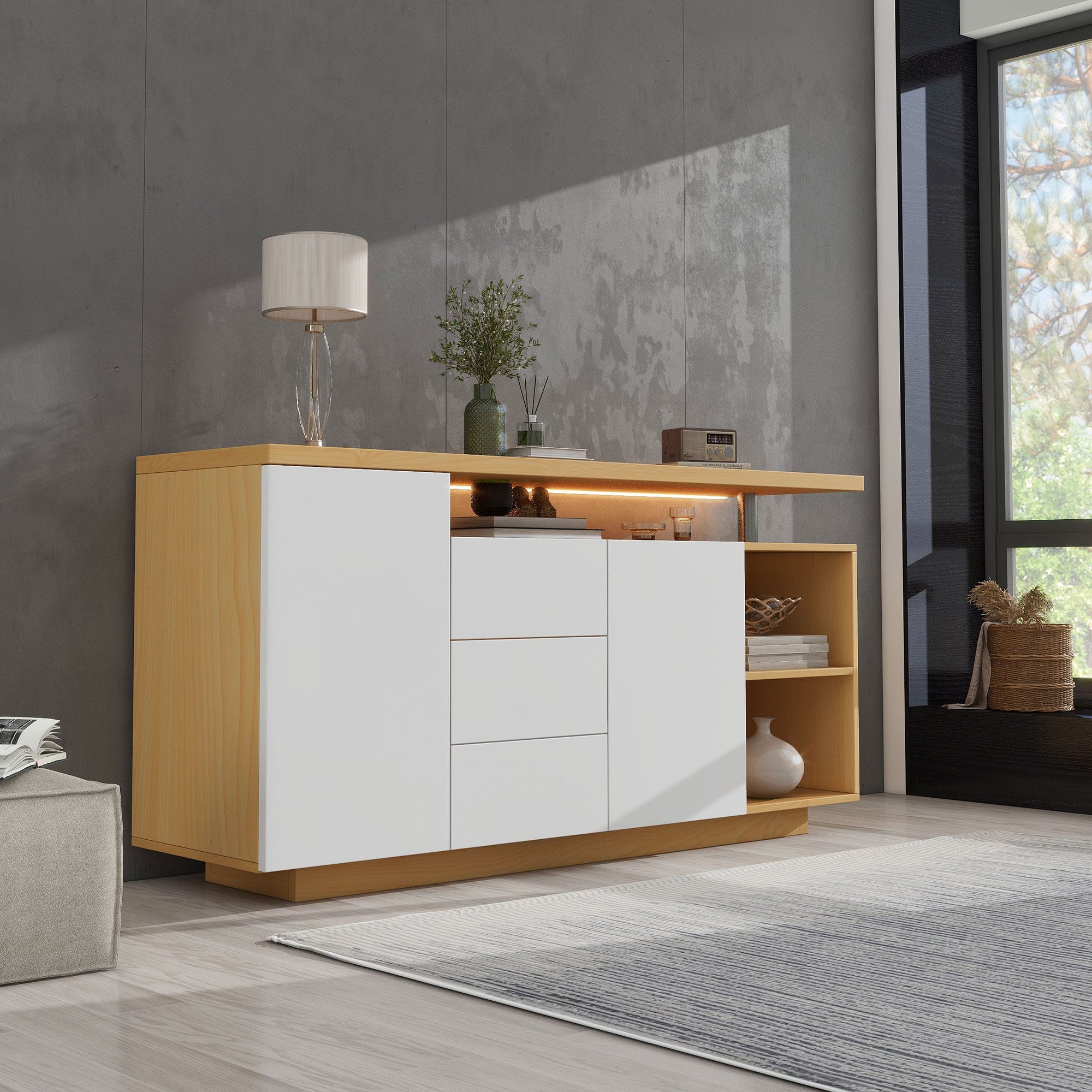 Buffet multifonctions, longueur 140 cm, blanc et imitation bois - 2 ...