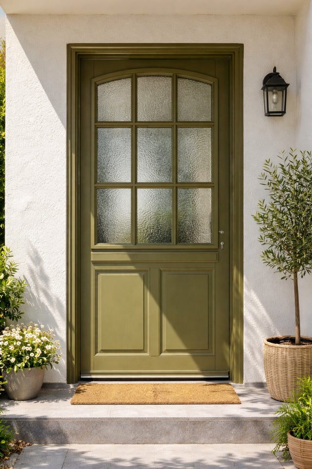 Porte D'entrée Bois Vitrée Andore Vert Gris Olive, H215 X L80 Cm Côte Tableau P.gauche Gd Menuiseries