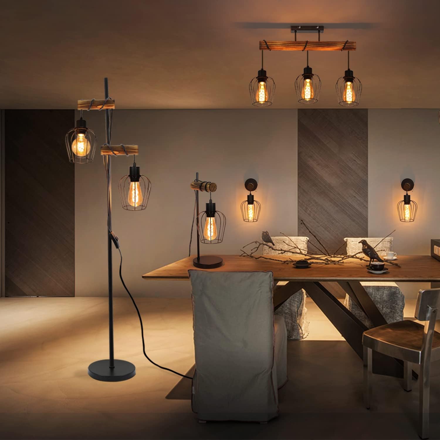 Nettlife Plafonnier vintage en bois pour salon&nbsp;: Lampe de cuisine en métal noir à 3 lumières, style industriel, douille E27, Ampoules non incluses - 6