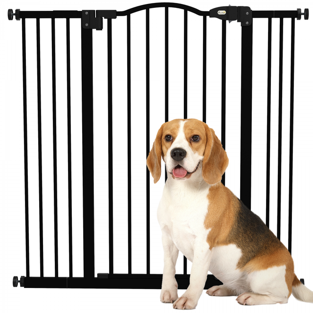 Barreira de segurança para cães PawHut 94 cm, extensível de 74 a 100 cm, com dupla trava e fechamento automático, para escadas e portas.