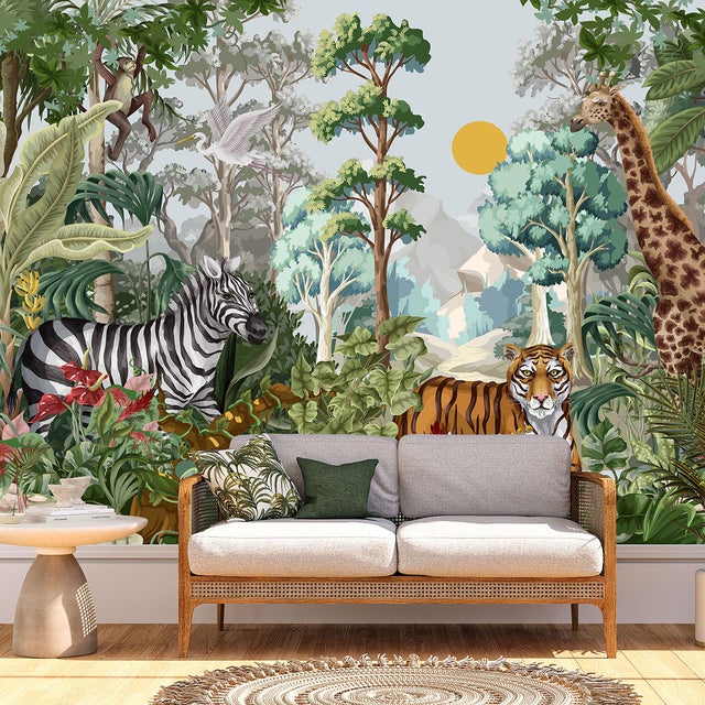 Papier peint panoramique Enfants - Animaux de la Jungle - Largeur 130 cm x Hauteur 77 cm