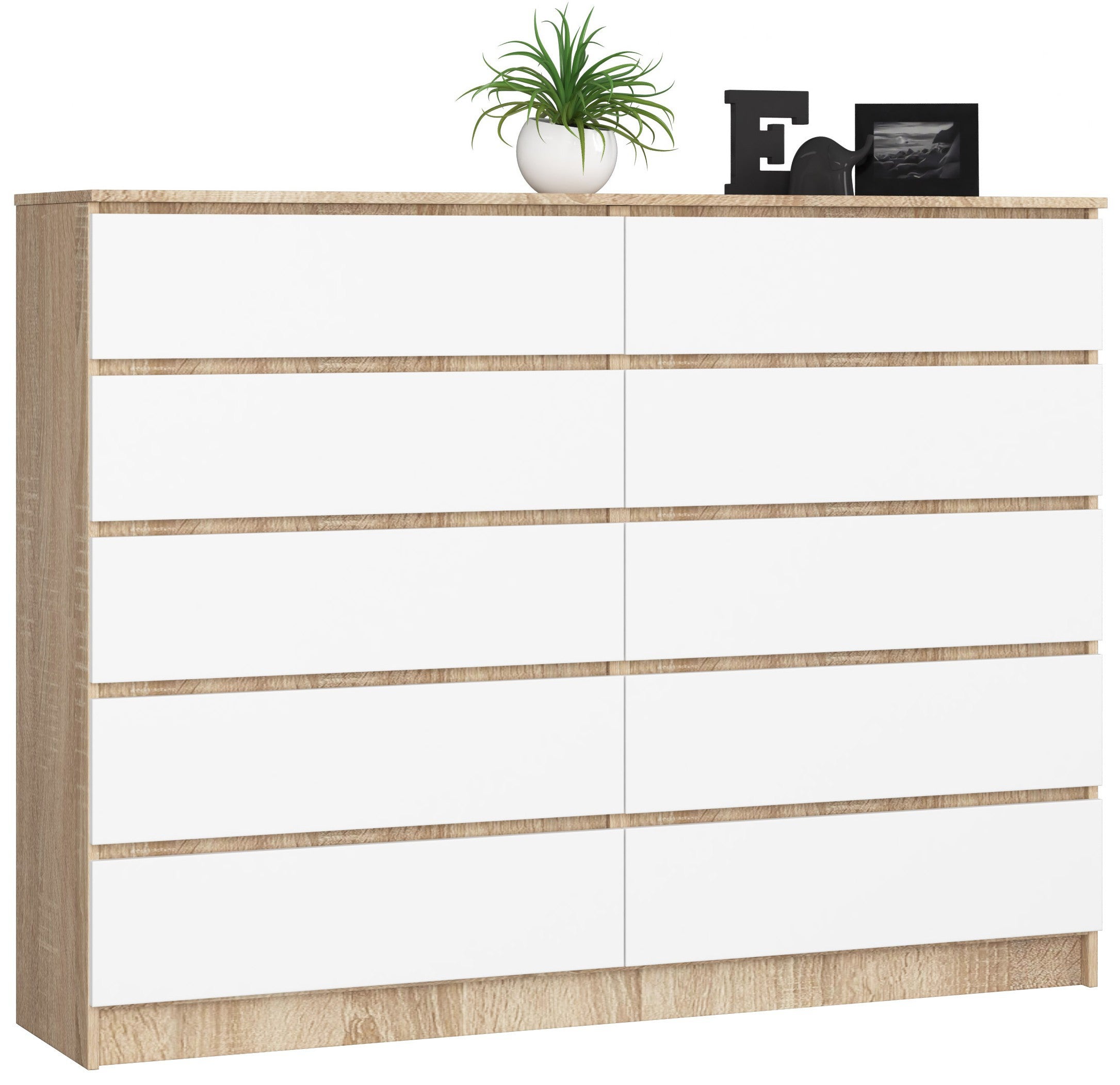 Komoda AKORD K160 Dąb Sonoma 160 cm 10 szuflad kolor Biały mat 160x40x121 cm