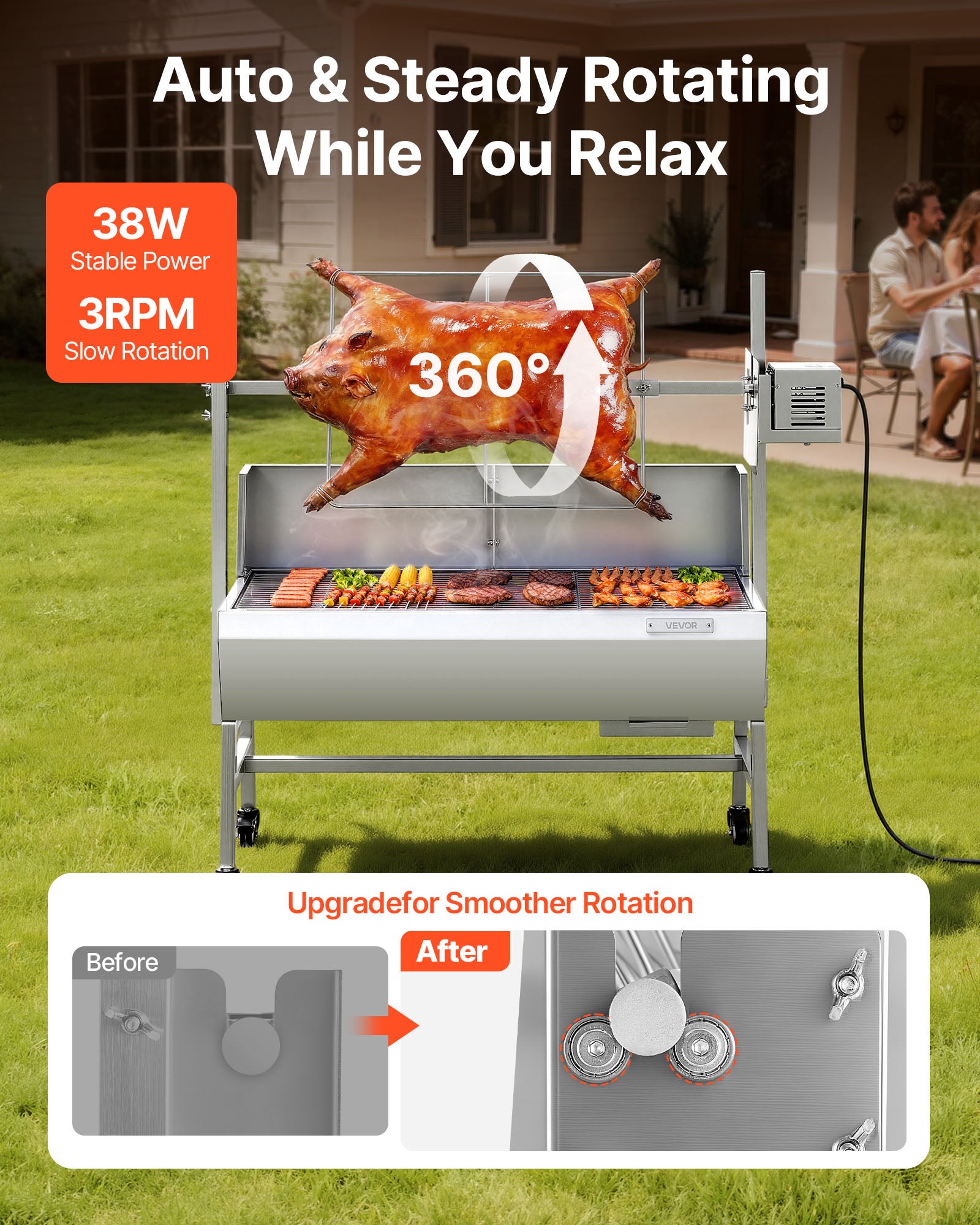 Barbecue a Carbone con Girarrosto Elettrico VEVOR, Motore 38 W, Carico 60 kg, Spiedo 94 cm, Senza Coperchio, 7 Altezze - 2