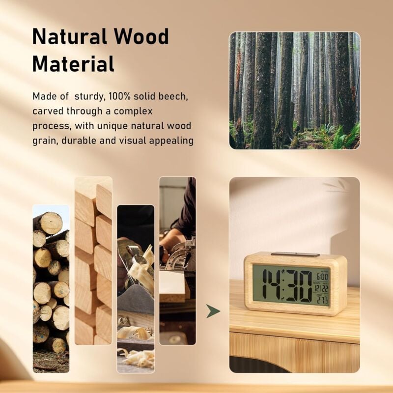 Reveil Numerique, Reveil Matin a Piles en Bois avec Grand écran LCD, Horloge Numérique avec Rétroéclairage, Date, Température, (3 Piles AAA Incluses) - 4
