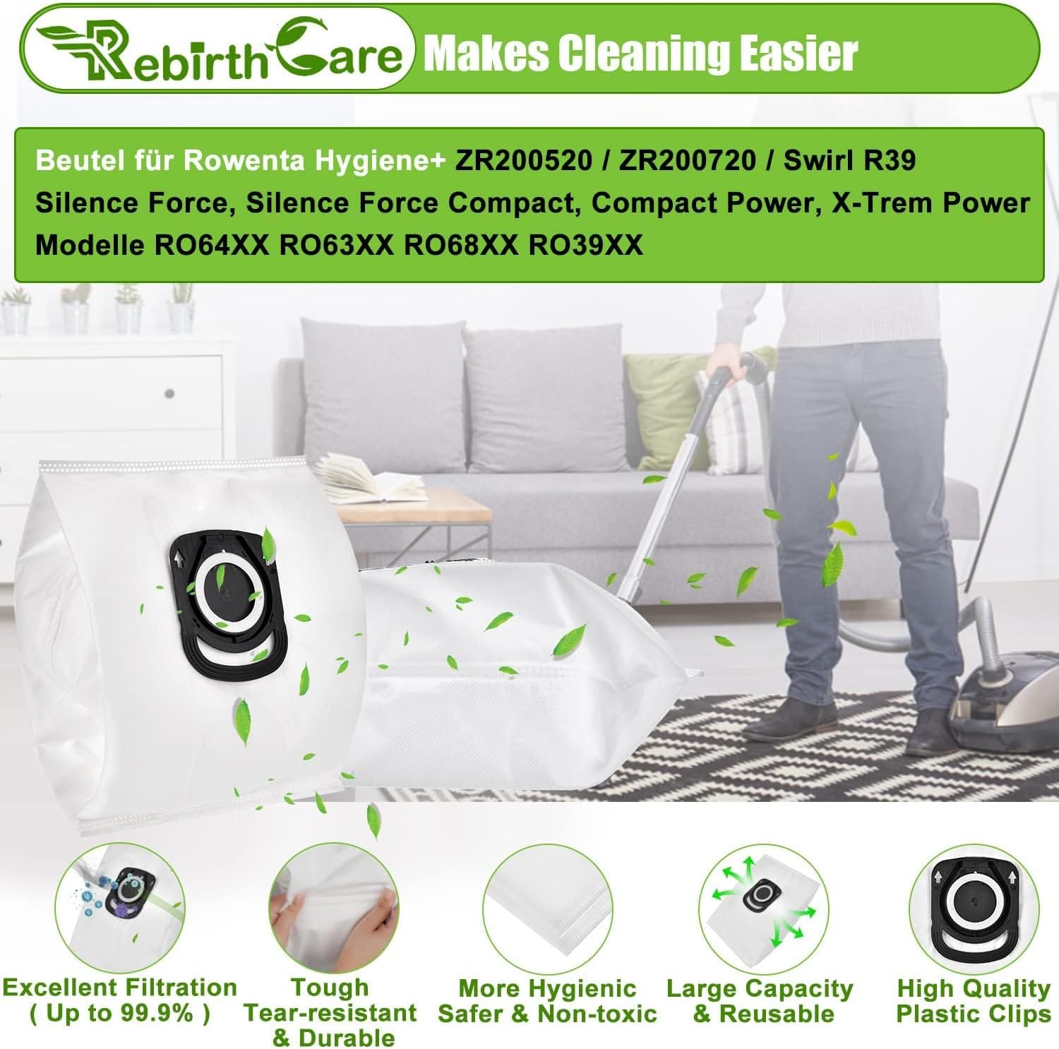Sacs Aspirateur Rowenta - Lot de 10 Sacs Hygiène, Compatibles Modèles Silence Force, Compact Power et Plus - 6
