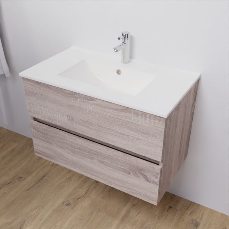Meuble salle de bain suspendu 80 cm ROSALY | coloris : Bois | plan vasque : Céramique - 2