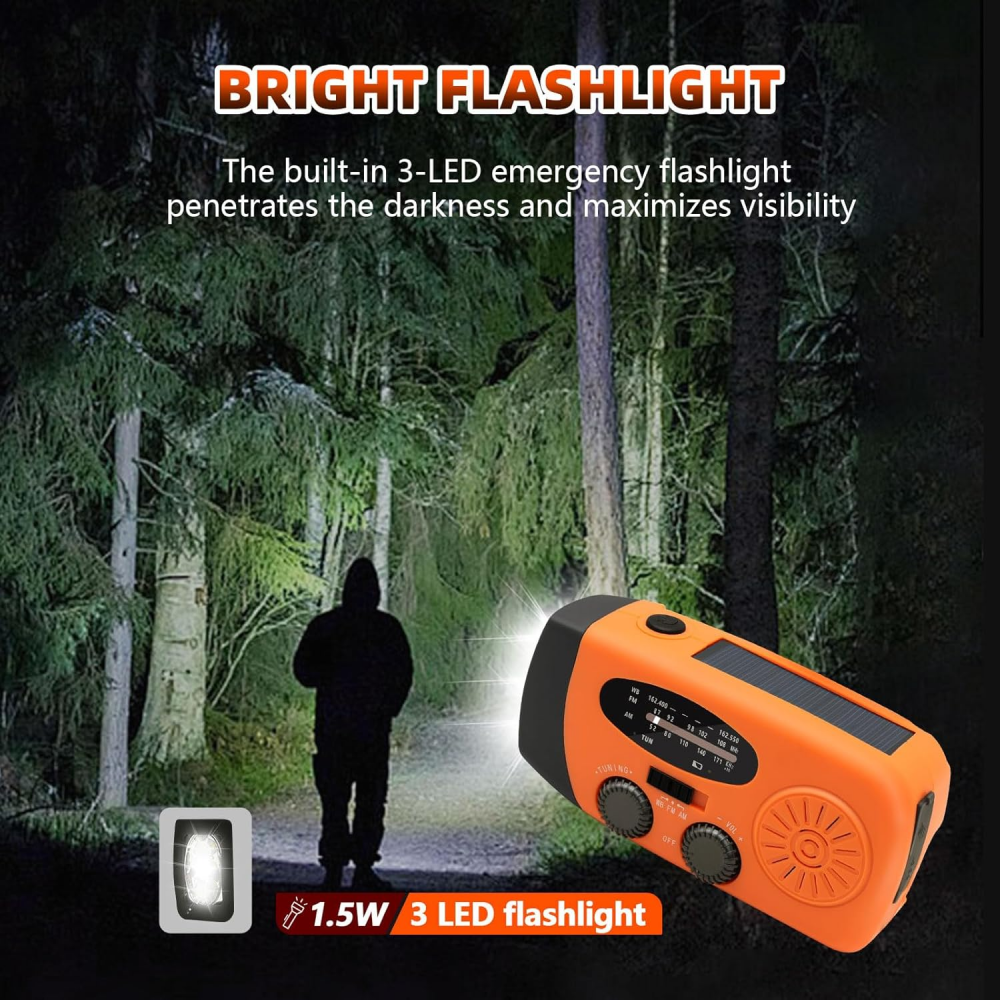 Przenośne radio awaryjne – Power Bank 2000 mAh – Radio awaryjne zasilane bateryjnie (ładowalne) – Na kemping i na wypadek klęsk żywiołowych – Pomarańc - 8