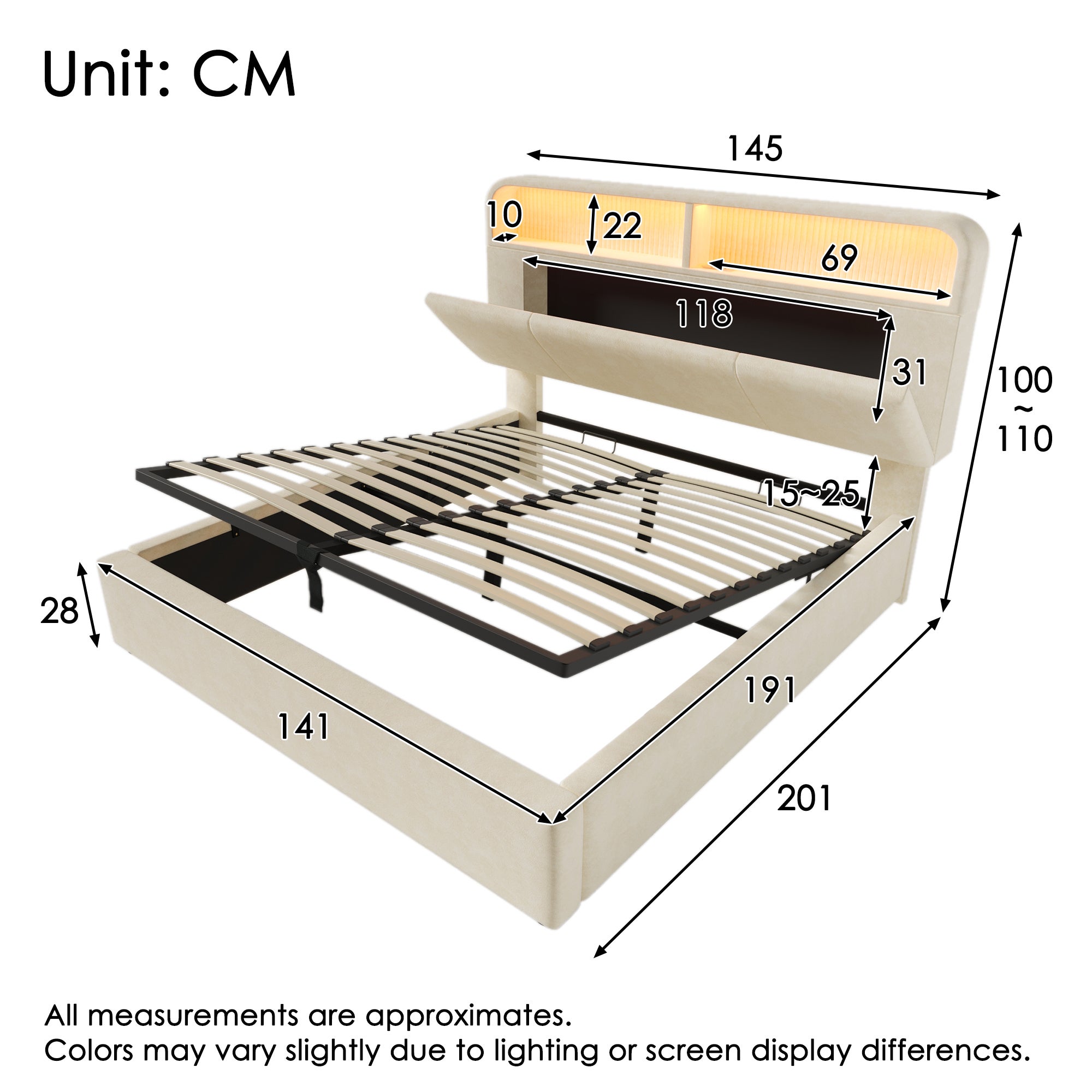 Lit coffre 140 x 190 cm avec tête de lit rangemnt - Velours - LEDs, charge USB/Type-C - Sommier à lattes - Beige (matelas non inclus) - 2