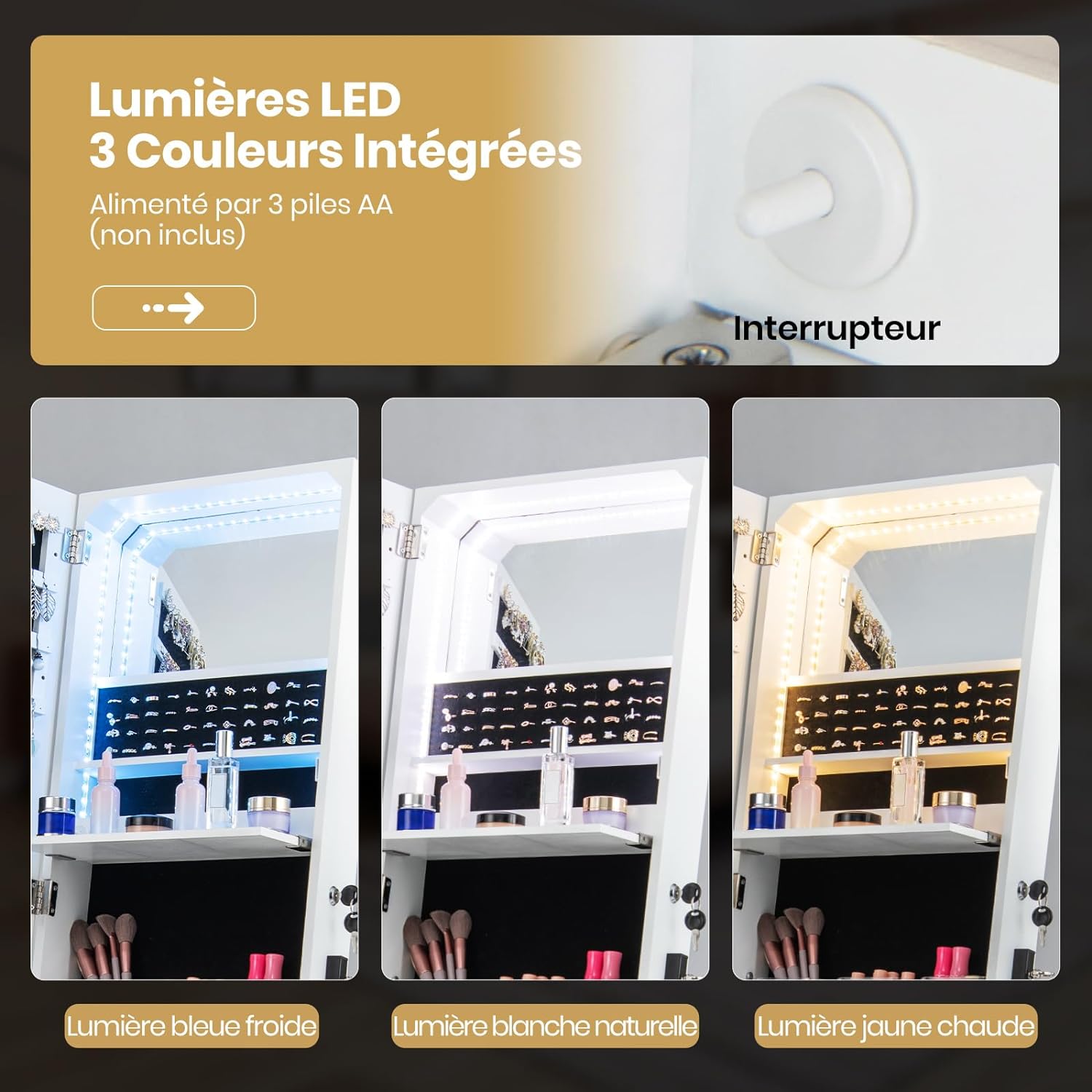 Armoire à Bijoux sur Pied-Miroir Pleine Longueur-Lumières LED 3 Couleurs-Verrouillable-Étagère de Maquillage Pliable Blanc - 9