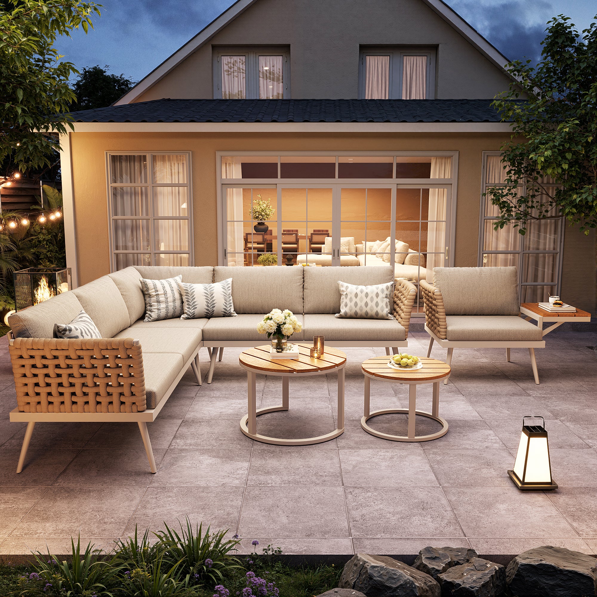 Salon de Jardin Exterieur pour 6 places,avec 2 tables basses en bois,Canapé d'angle extérieur en forme de L,avec coussin,Main courante tressée, Beige - 6