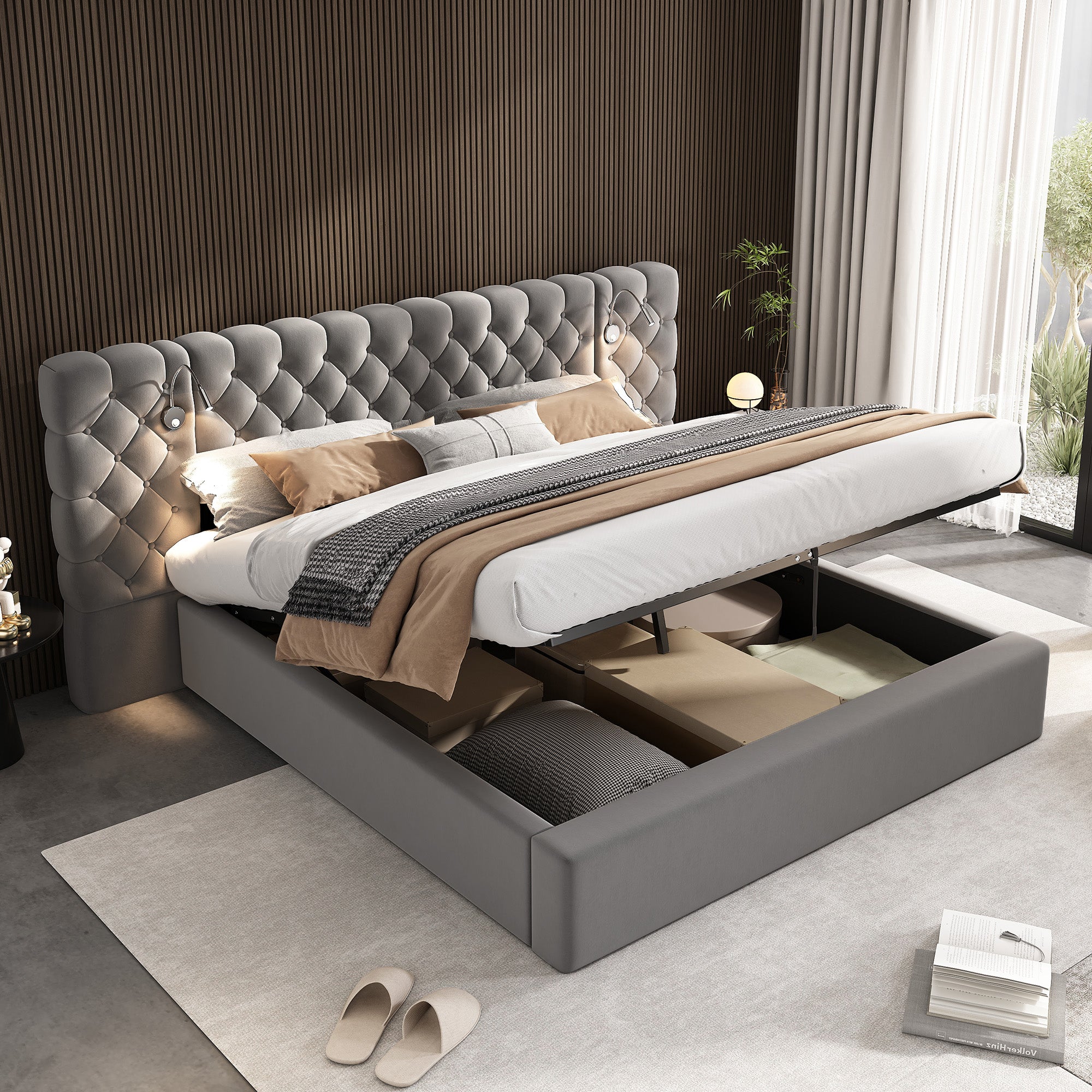 Stauraumbett 180x200 cm - hydrauliczny, LED, Samt, grau, doppelbett ...