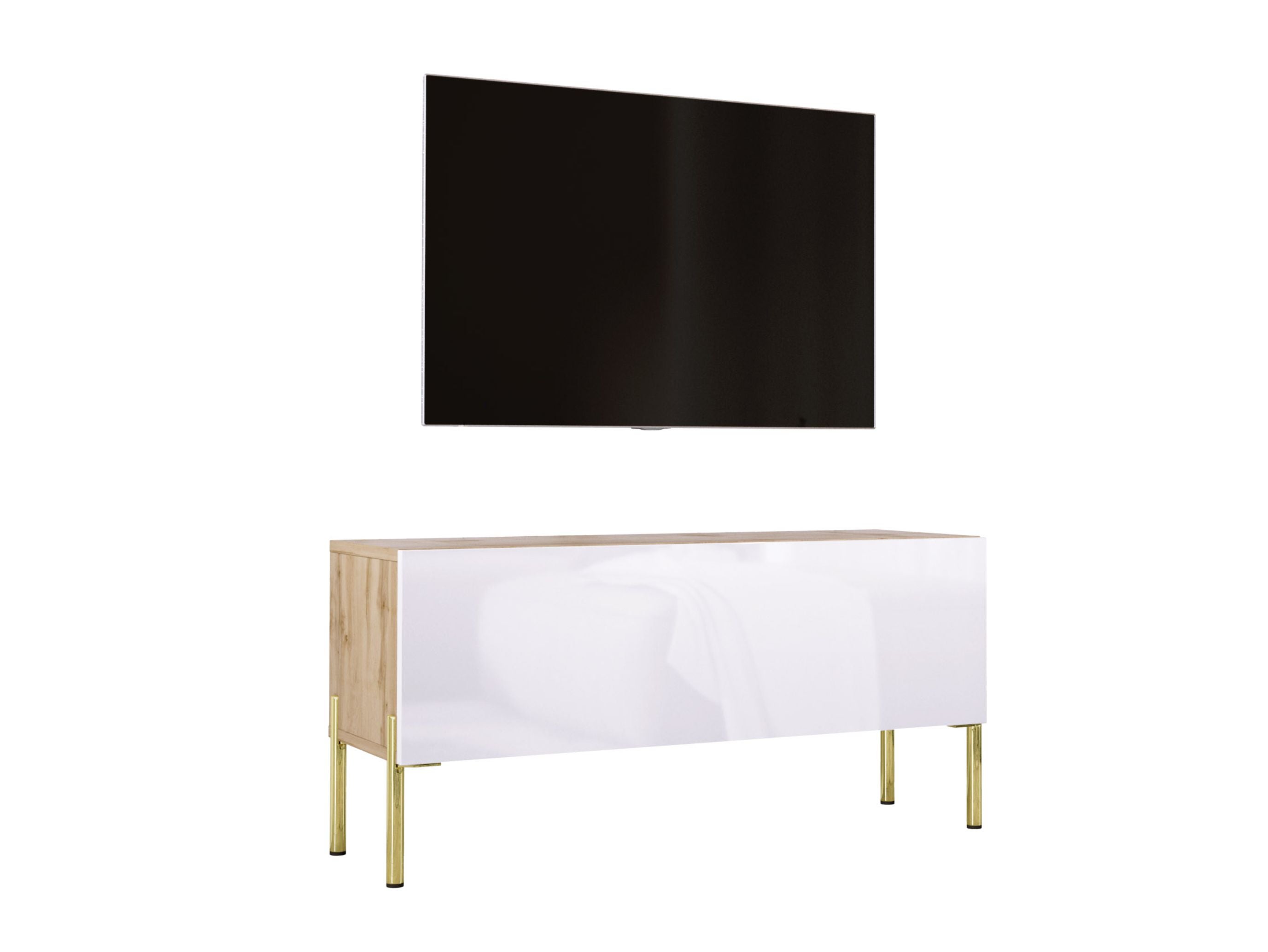 Szafka RTV : Dąb Wotan / Biały Połysk, złote nogi, 100 x 32 x 52 cm