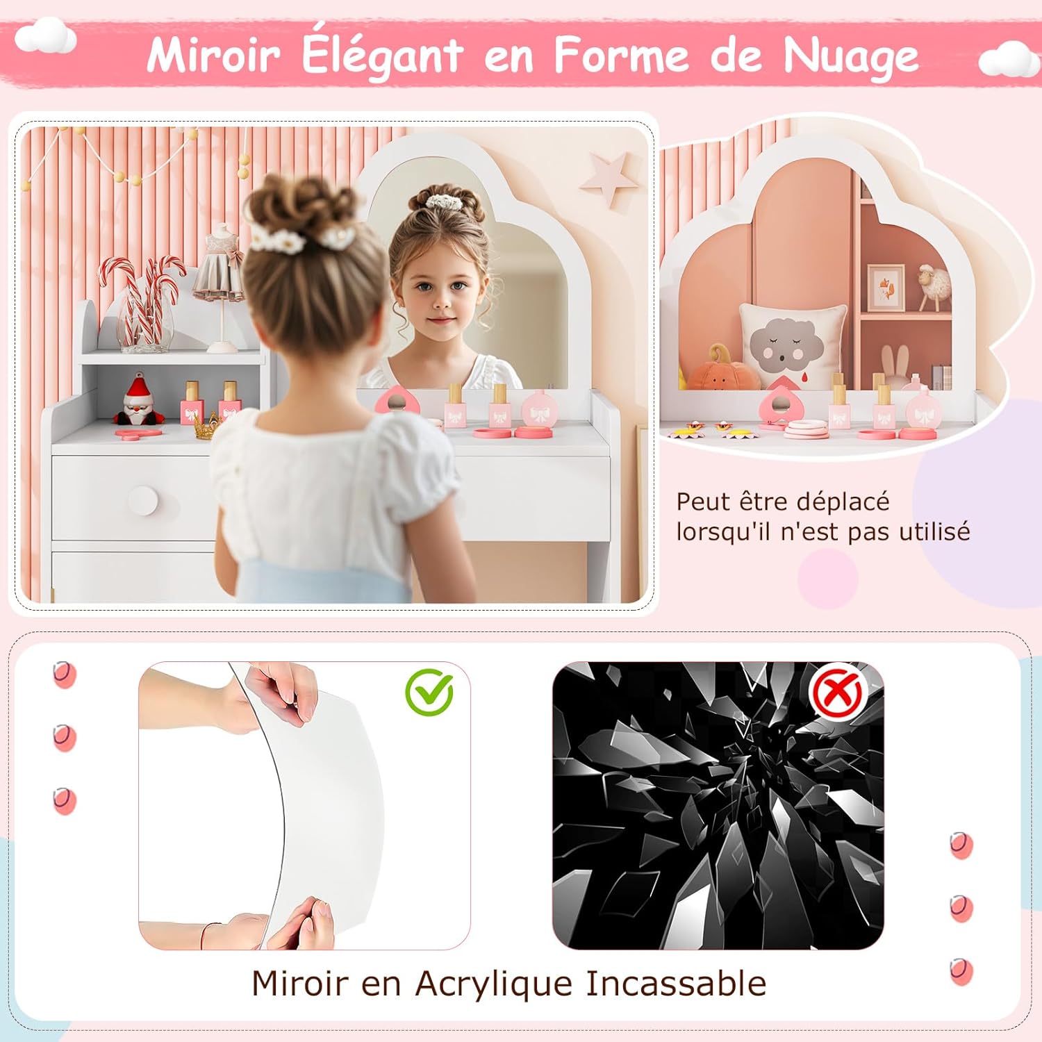 2 en 1 Bureau Enfant avec Chaise & Miroir en Forme Nuage, Coiffeuse Enfants avec Étagère & Tiroirs & Armoire Fermée, Charge 50kg | Leroy Merlin