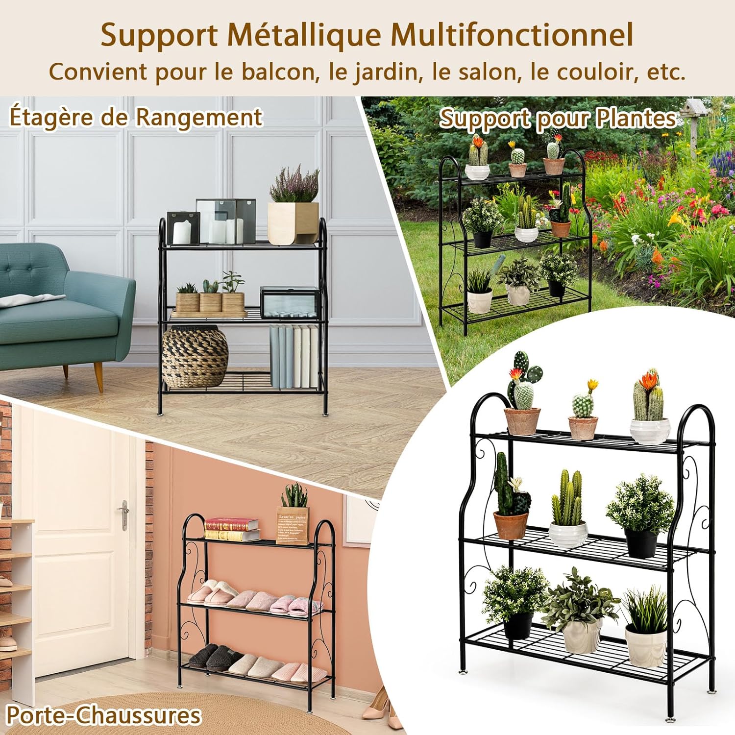 3 Niveaux Support pour Plantes en Métal, Étagère en Fer Imperméable pour Utilisation Intérieure et Extérieure, Noir - 6