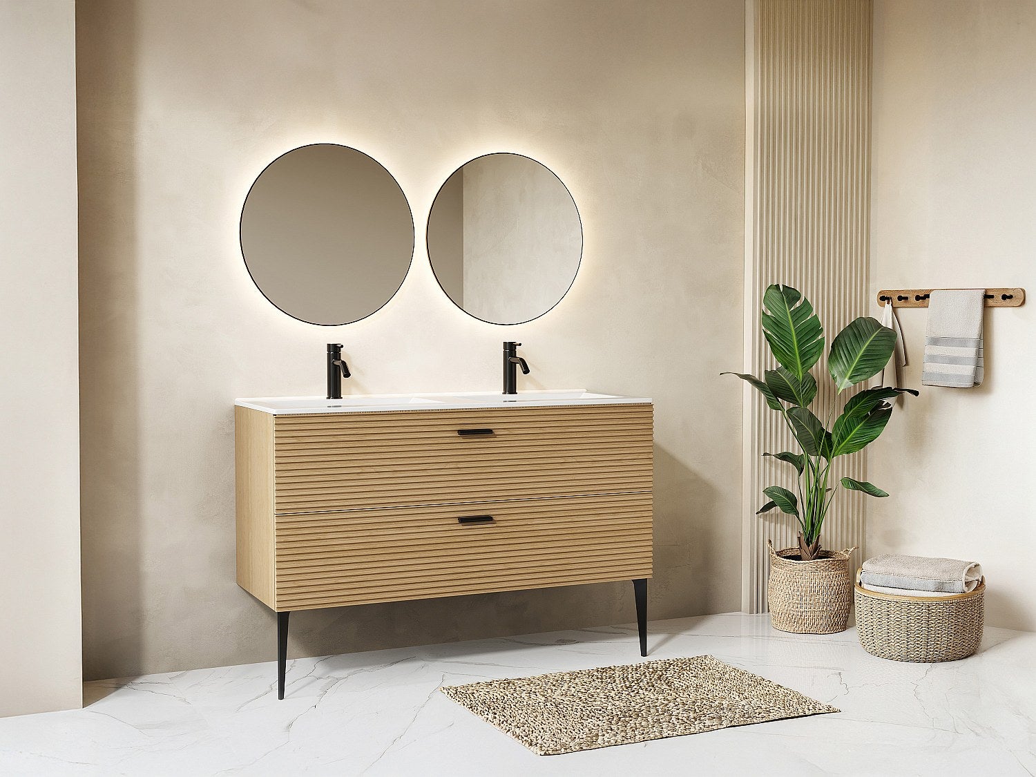 Szafka pod umywalkę z prążkowanym wzorem na nóżkach - 2 szuflady - Jasny naturalny - 120 cm - SARONE