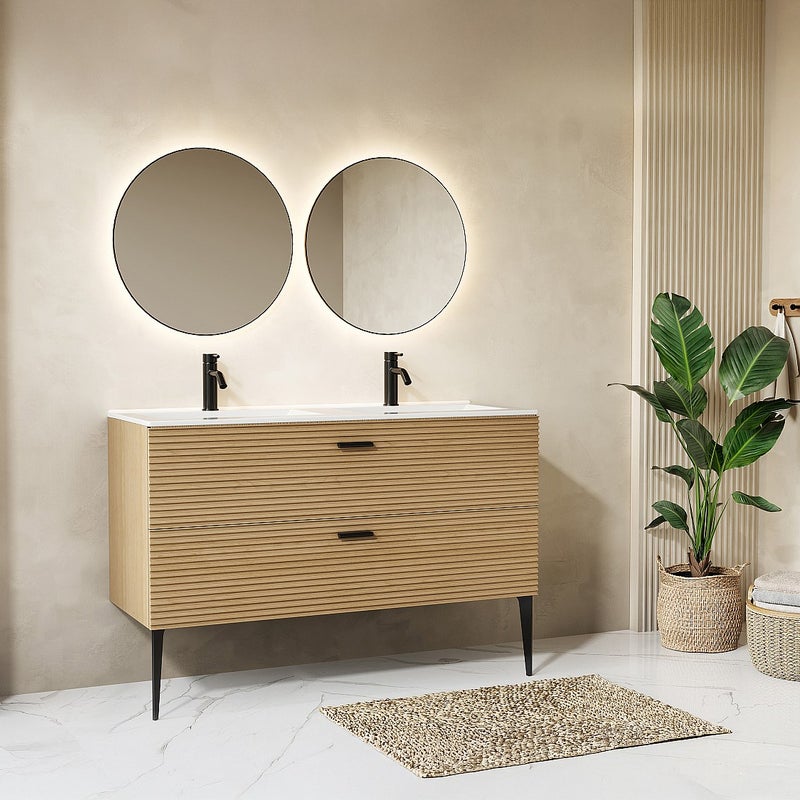 Szafka pod umywalkę z prążkowanym wzorem na nóżkach - 2 szuflady - Jasny naturalny - 120 cm - SARONE