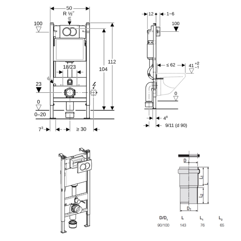 Duofix Pack WC bâti-support 112 cm + WC suspendu sans bride Ceramia avec abattant SoftClose + plaque blanche (GEBCEPXWT01-FR) - 4
