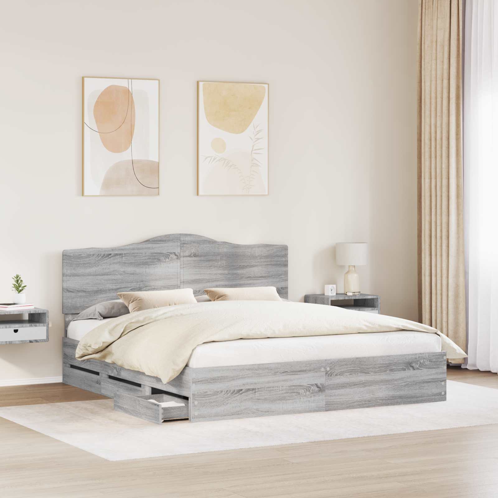 Cadre de lit en panneau de bois gris pour la chambre, 200 × 200 cm - 3