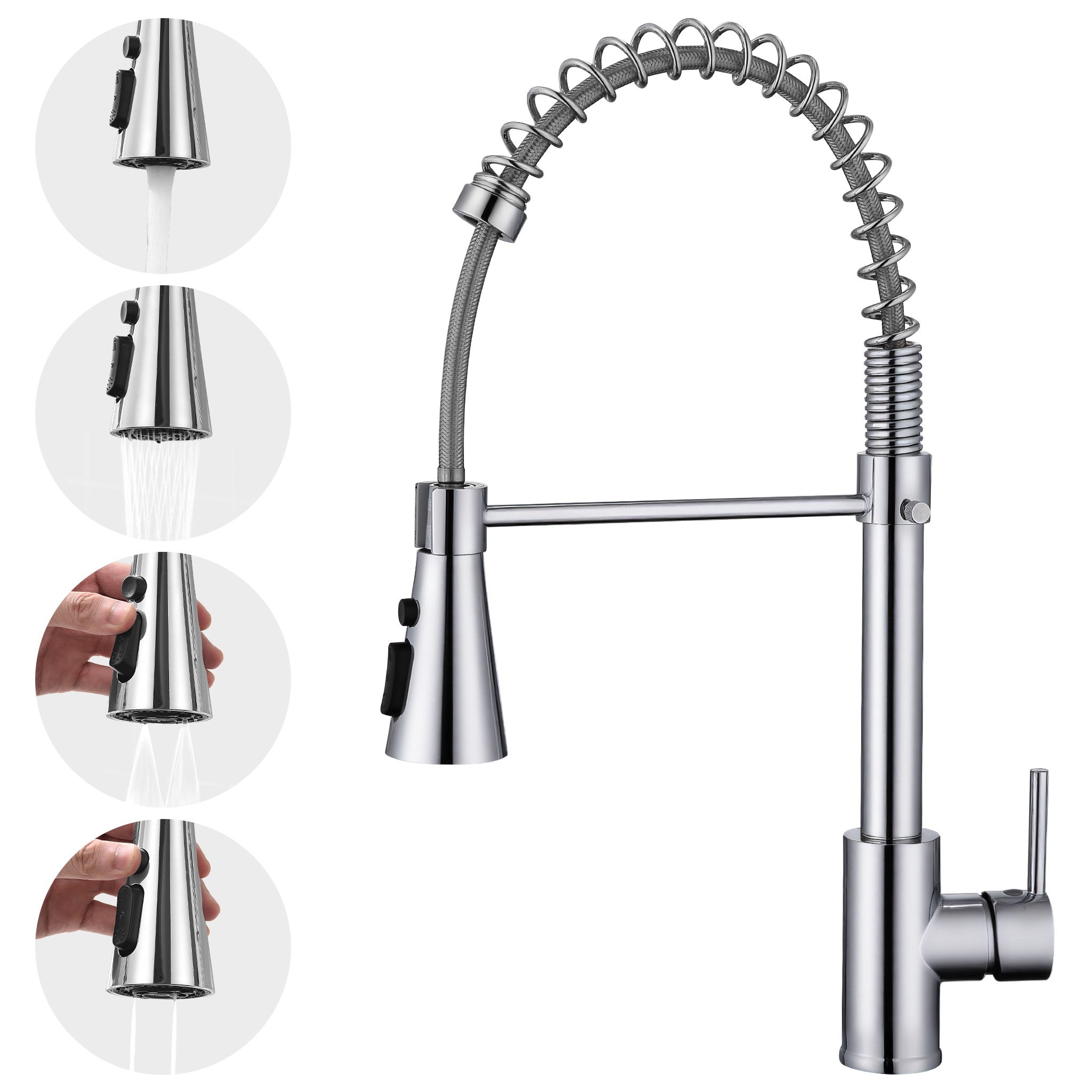 Chromowana bateria kuchenna z główką prysznicową Sprężynowa bateria kuchenna Obracana o 360° bateria zlewozmywakowa 2 dysze do wyboru