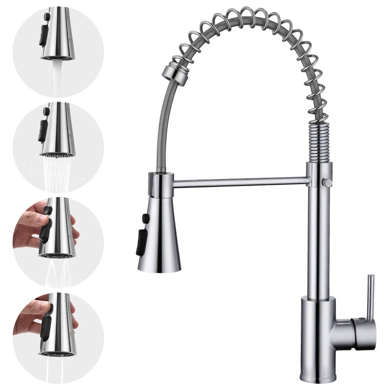 Chromowana bateria kuchenna z główką prysznicową Sprężynowa bateria kuchenna Obracana o 360° bateria zlewozmywakowa 2 dysze do wyboru