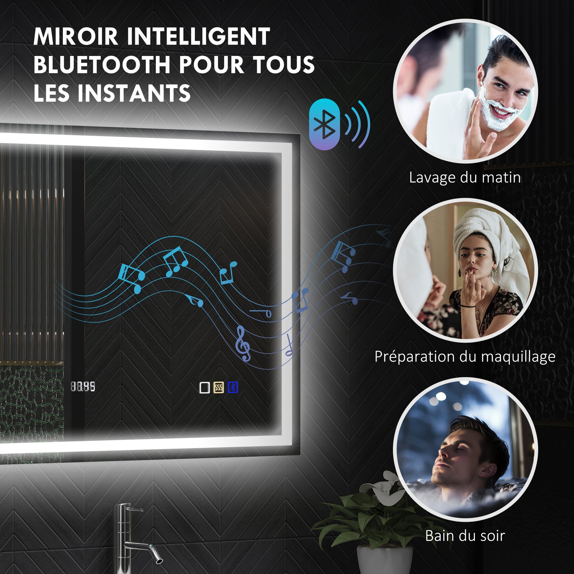 Miroir salle de bain LED bluetooth 80 x 100 cm interrupteur tactile lumière réglable 3 couleurs anti-buée mémoire argent - 7