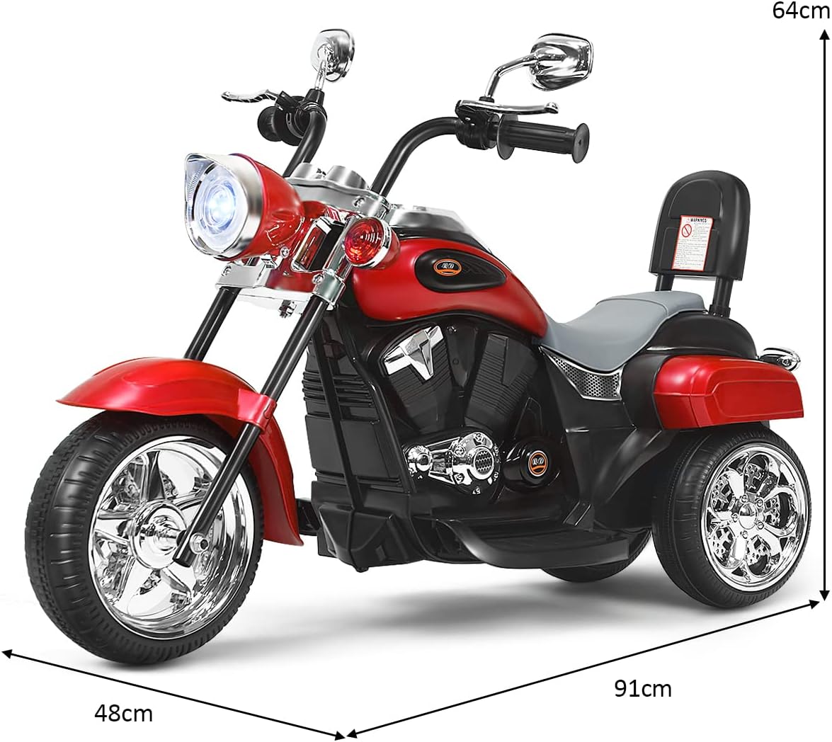 Motocykl elektryczny dla dzieci 6 V z regulowanym reflektorem, trójkołowy motocykl elektryczny z dźwiękiem, klakson, lusterko wsteczne (czerwony) - 5