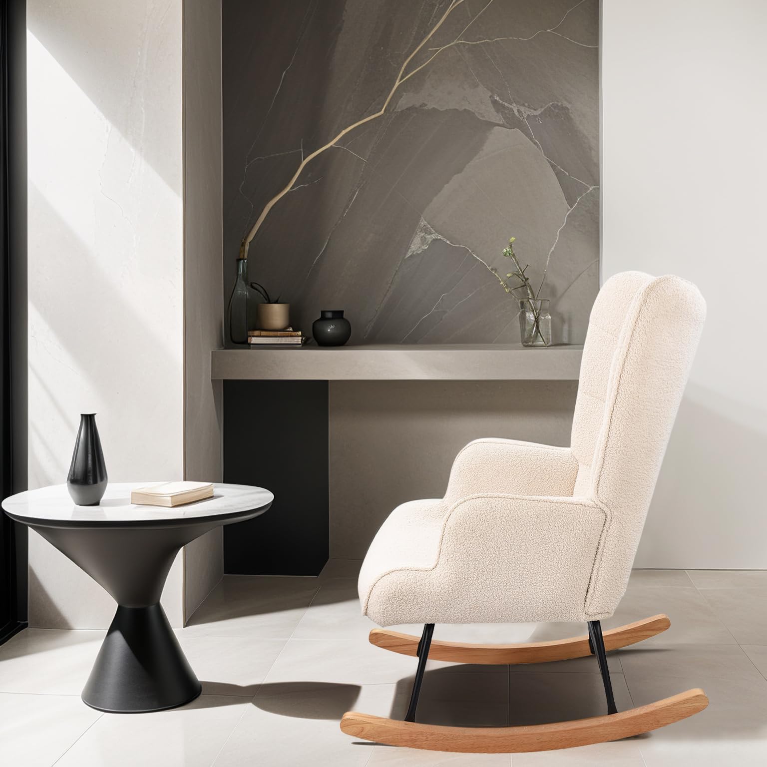 Fauteuil à Bascule, d'allaitement, de Salon, avec Structure en métal et Base en Bois, maximale : 150 kg, Tissu en Peluche, Beige, 75 x 68 x 92 cm - 8