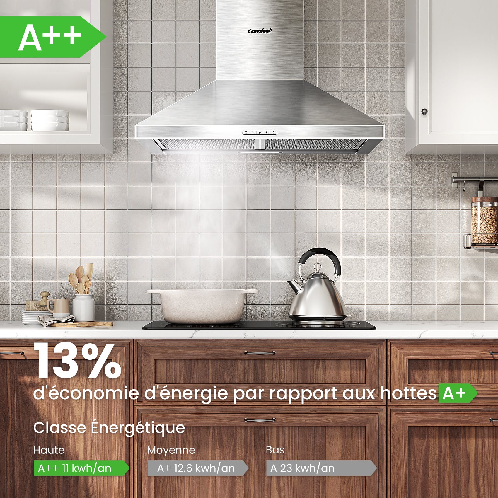 COMFEE Hotte Aspirante 60cm - 400 m³/h - Classe A++ - 2 Filtres à Charbon - 3 Vitesses - Recyclage & Évacuation - En Inox - 2