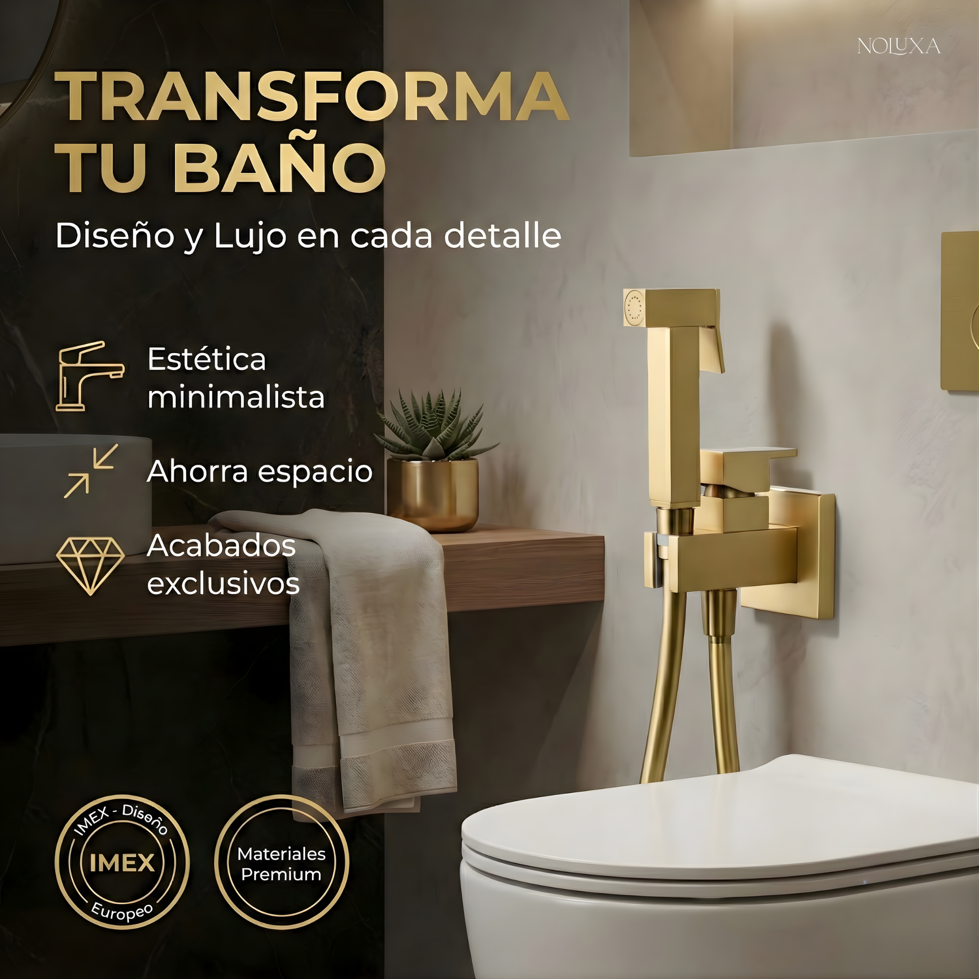IMEX - Ducha Bidet Agua Fría y Caliente | Grifo Bidet Empotrado para WC Oro Cepillado | Grifería Sustituto de Bidé | Serie Irlanda | Color Dorado - 2