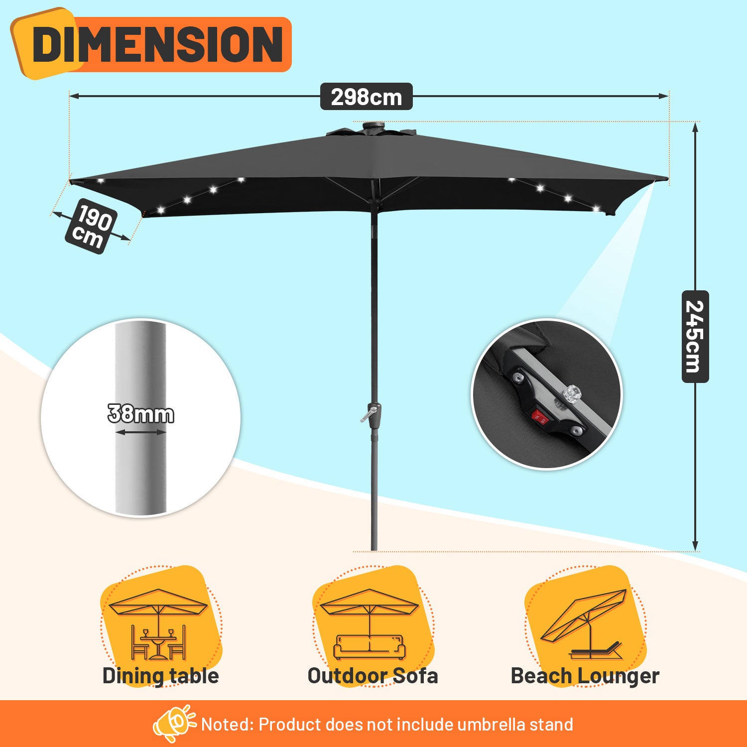 Parasol terrasse 2 × 3 m avec LED – Parasol extérieur rectangulaire, gris - 2