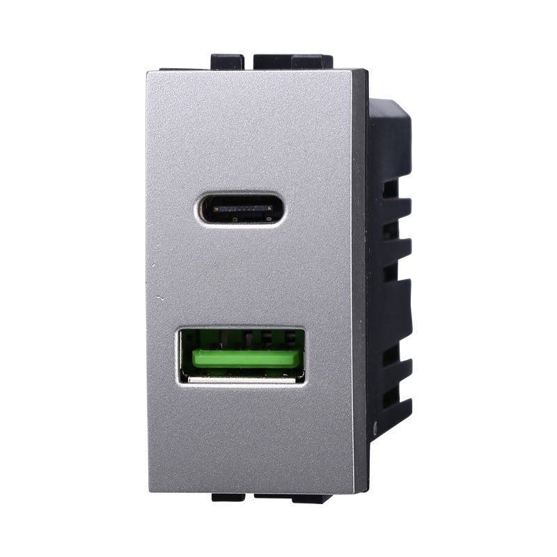 Modulo Doppia USB Caricatore 3.1A Per Bticino Living/International: 2 Porte (USB-C + USB-A) – Colore Nero