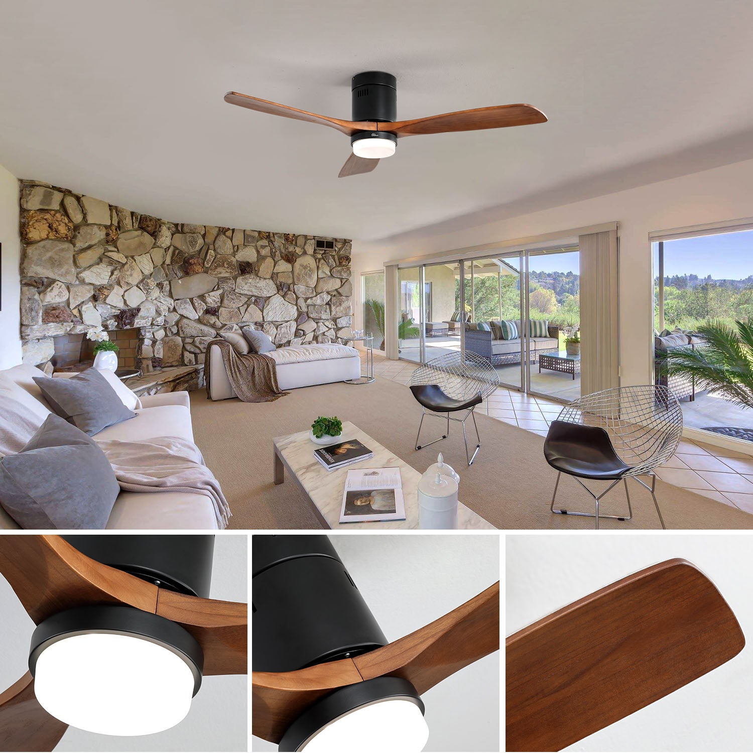 Ventilateur de Plafond Décoratif 52 Pouces avec Lumière LED 18W, 6 Vitesses, Moteur DC Réversible, 3 Pales en Bois Massif pour Salon - 4