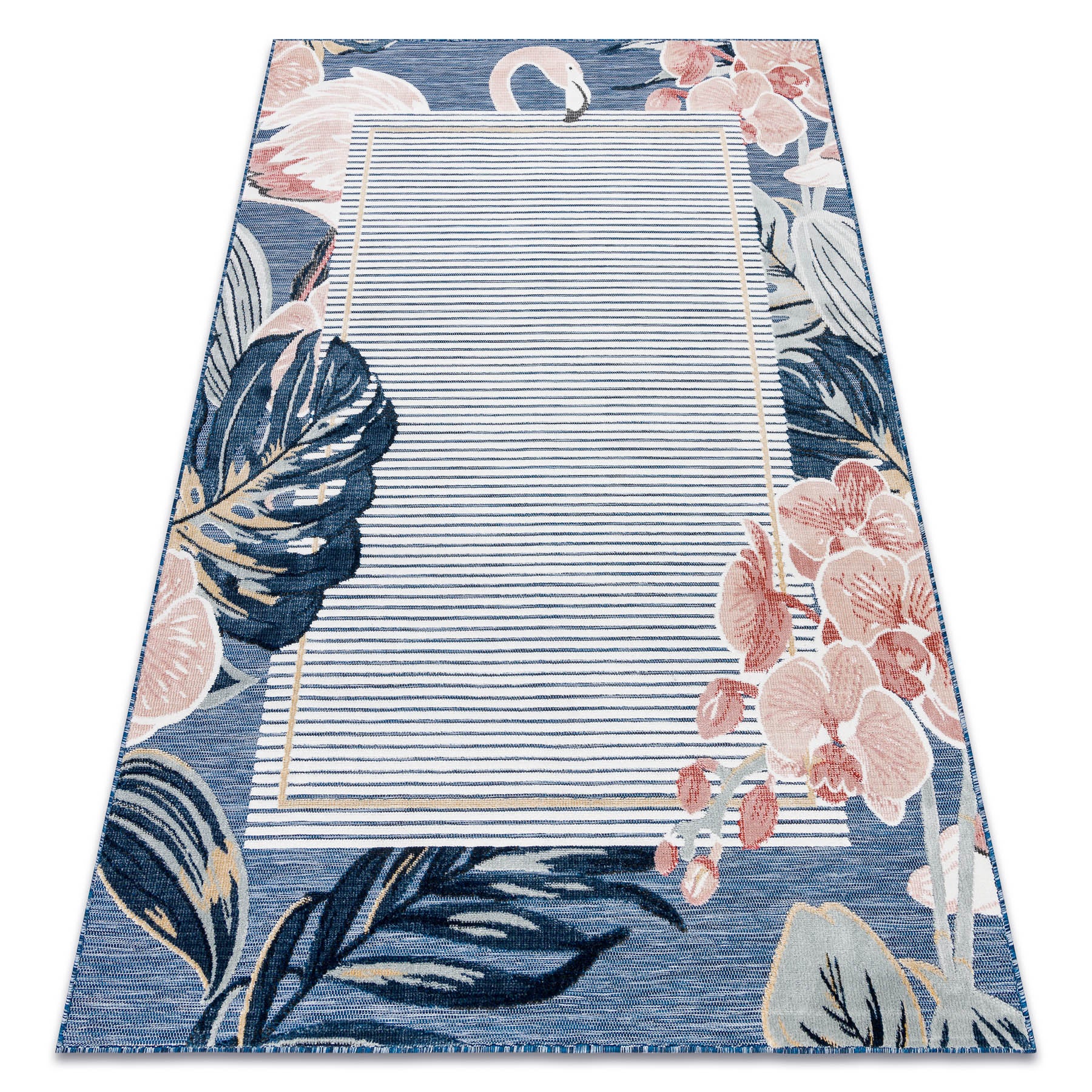 Alfombra estructural botanic 65240 flamenco, hojas tejido plano en el balcón, terraza - azul oscuro 157x220 cm