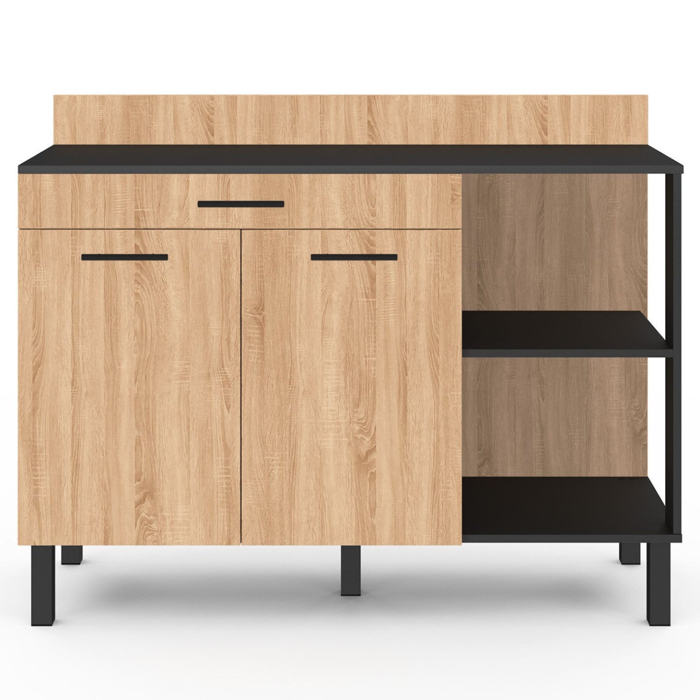 Buffet bas de cuisine 120 cm CINA plan de travail H.83 cm 2 portes + tiroir noir et façon hêtre - 3