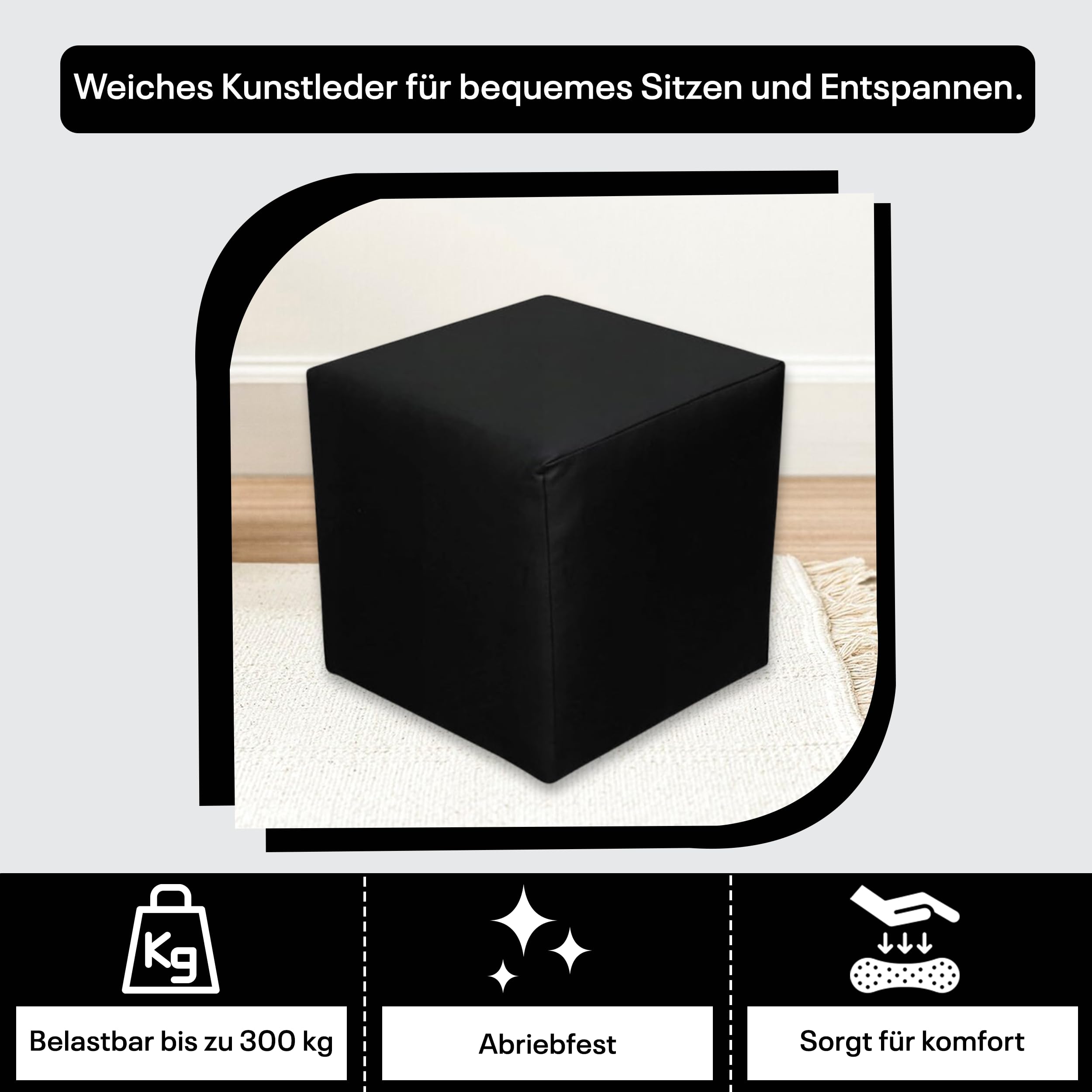 Sitzwürfel / Siège Pouf - Noir, 40X40X40 Cm, Assise Rembourrée En Simili Cuir, Confortable Pour Salon, Chambre Ou Bureau - 3