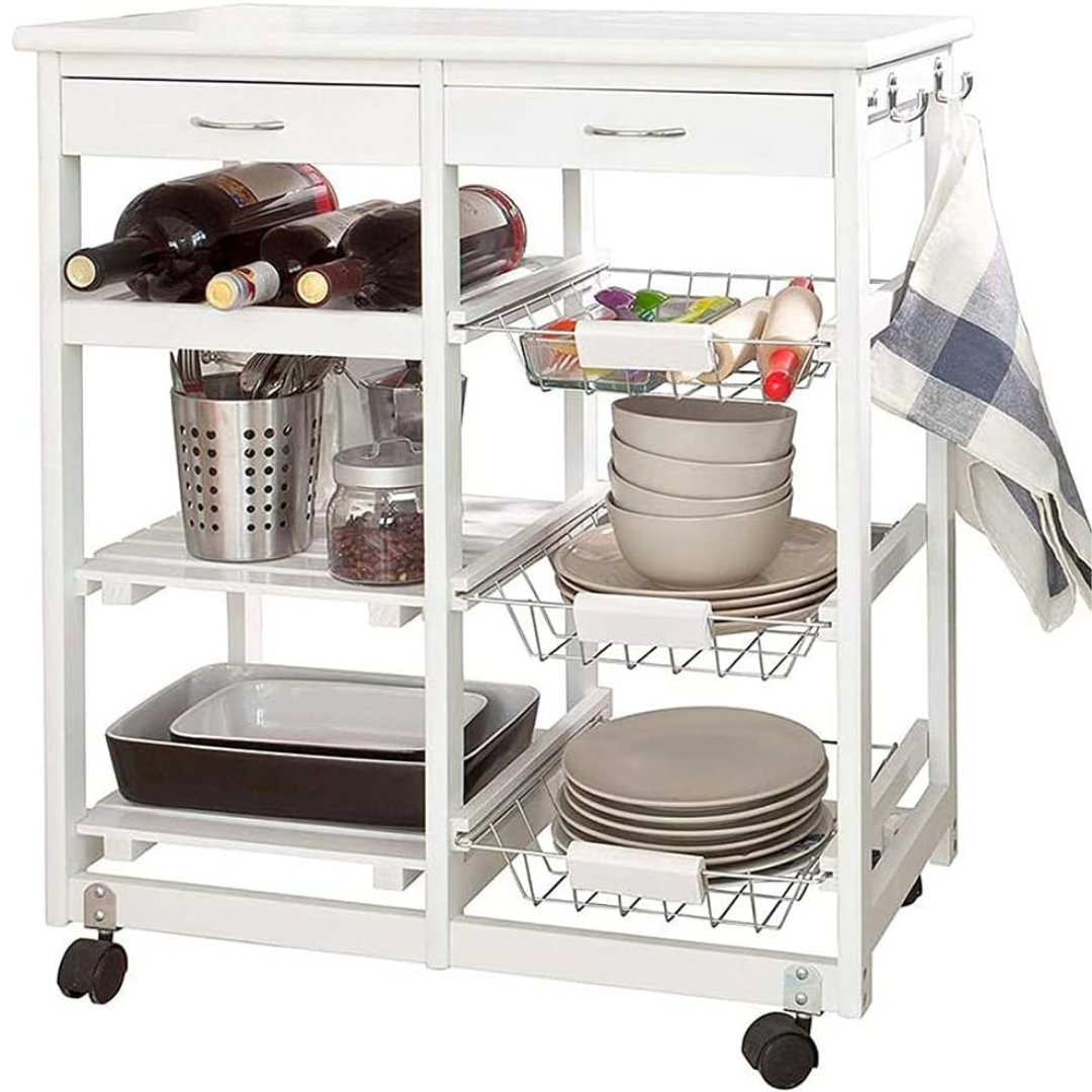 King Home C1820086 Carrello Da Cucina In Legno Bianco: 3 Ripiani Con Cassetto E 4 Ruote Girevoli, Mobiletto Portatutto Per Cucina, Sala O Ufficio