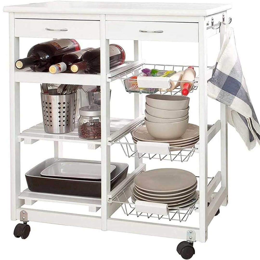 King Home C1820086 Carrello Da Cucina In Legno Bianco: 3 Ripiani Con Cassetto E 4 Ruote Girevoli, Mobiletto Portatutto Per Cucina, Sala O Ufficio