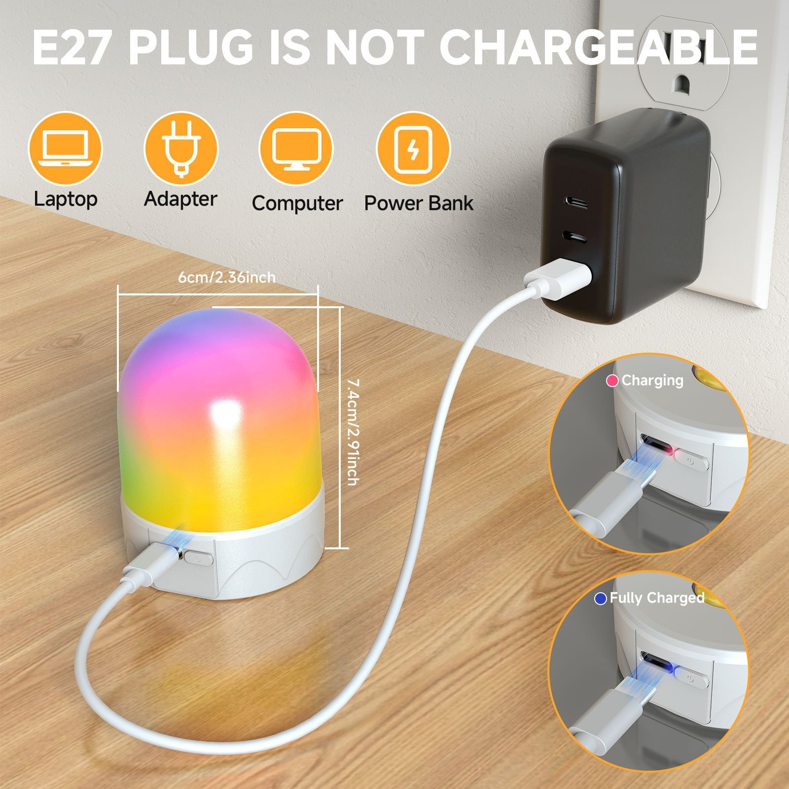 Ampoule rechargeable E27 avec télécommande, alimentée par batterie USB, couleur RVB, 12 couleurs réglables, 3 minuteries, veilleuse sans fil, 2000 mAh - 2