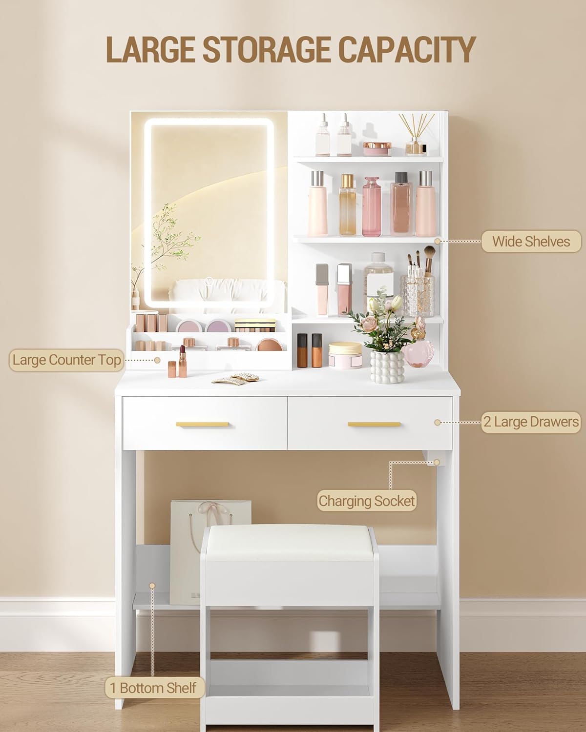 Coiffeuse avec Lumière LED, 2 Prises et 2 USB, avec 2 Tiroirs et 4 Étagères Ouvertes, Compartiment de Rangement, pour Chambre,Style Moderne, Blanc - 4