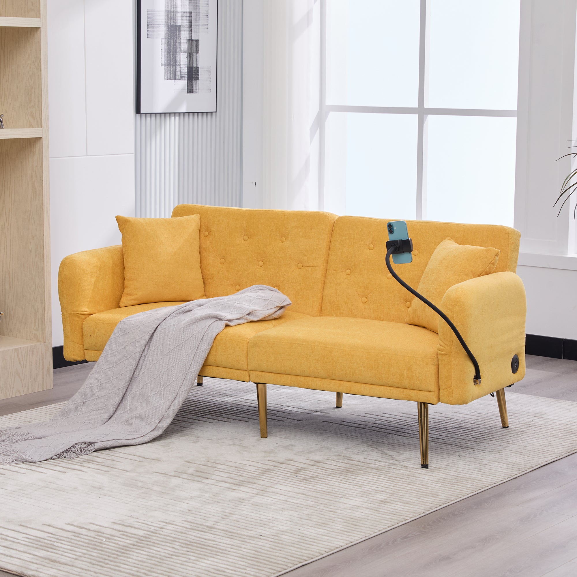 Canapé convertible - Dossier réglable et ports USB - 2 places - Chenille - Jaune (173x78x78cm) - 9