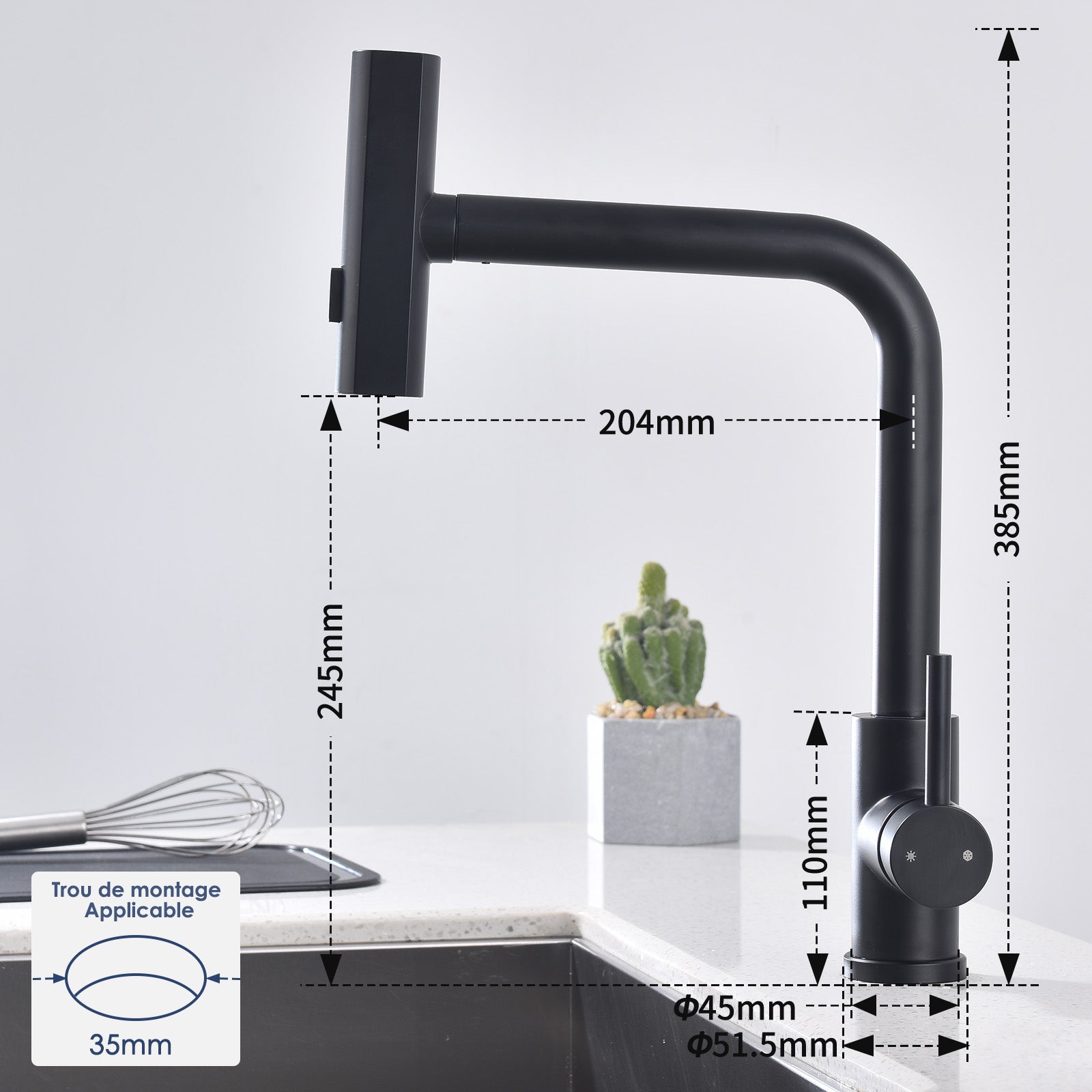 Robinet de Cuisine Noir avec Douchette Extracible Mitigeur d'Évier à 3 Modes de Pulvérisation Robinet de Cuisine Monocommande, Rotatif à 360 ° - 7