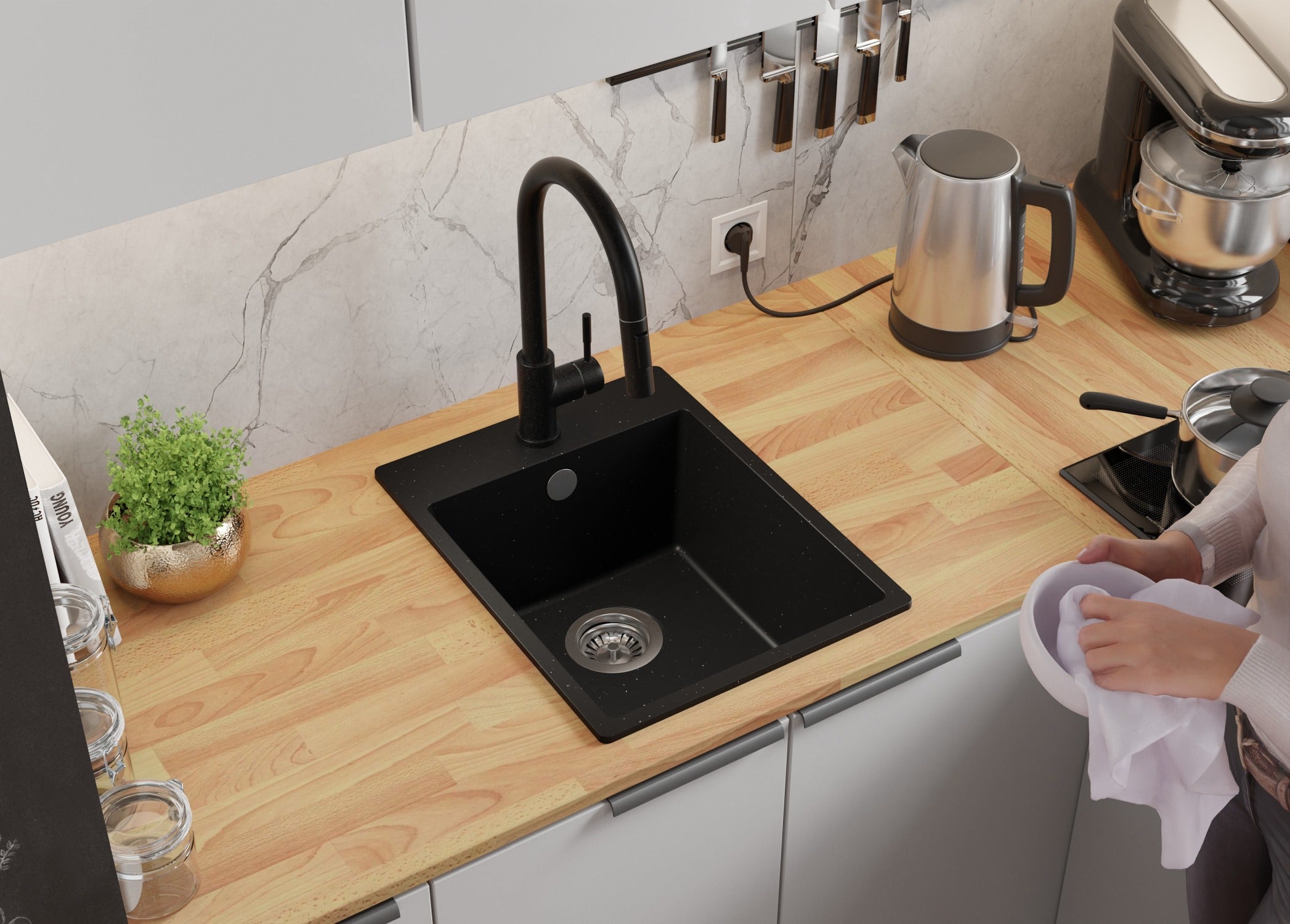 Evier Cuisine en Granit Noir Métallisé 38x50cm, Lavabo 1 bac + Kit de Vidage, Évier à Encastrer au meuble 40cm - Riga PRIMAGRAN - 3
