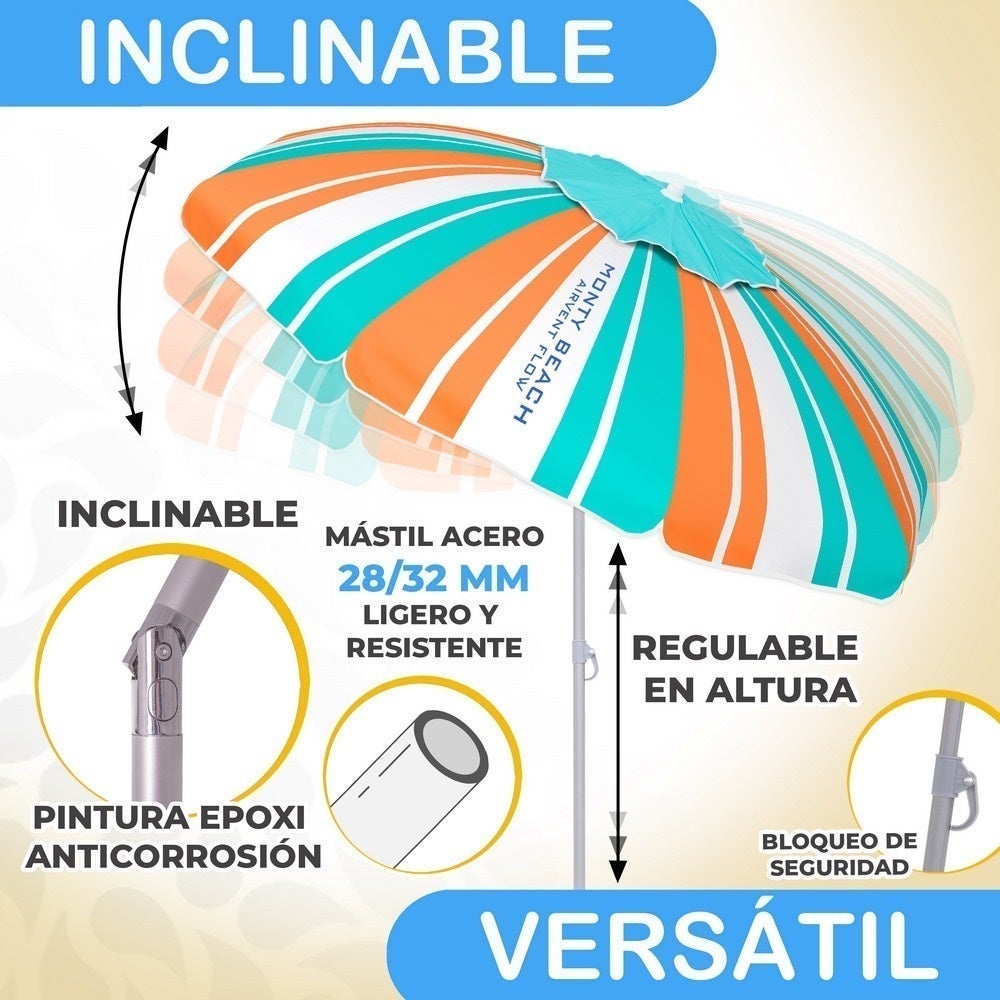 Sombrilla playa 180 cm y soporte arena, protección UV+50, Rayas multicolor MONTY - 6
