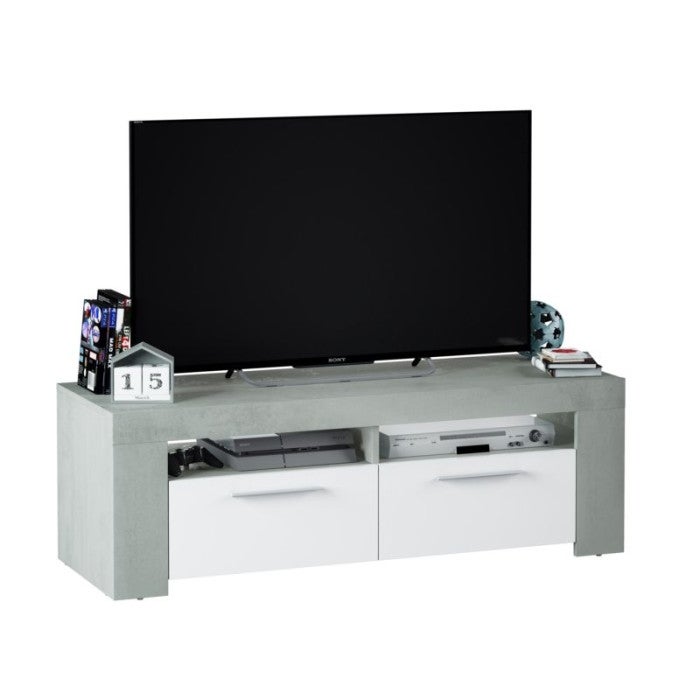 Meuble TV WENDY 2 portes et 2 niches de rangement L120cm - Blanc / Béton - 2