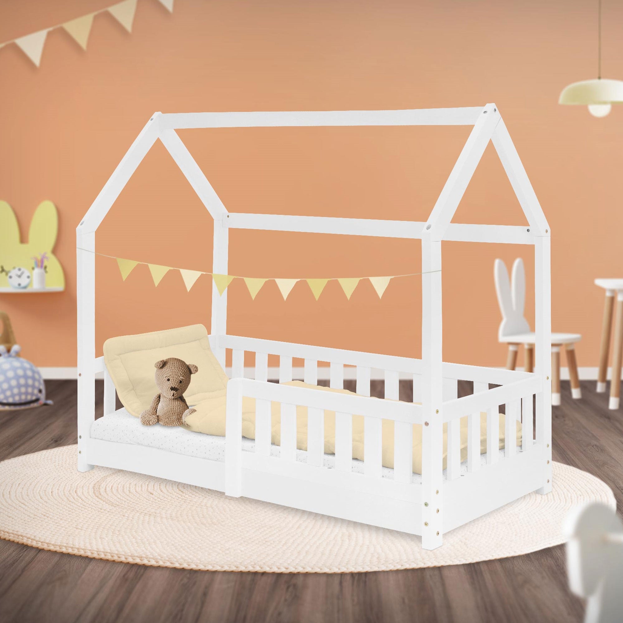 Lit Cabane Enfant 70x140 Cm - Bois De Pin Blanc - Avec 2 Tiroirs Et Protection Antichute
