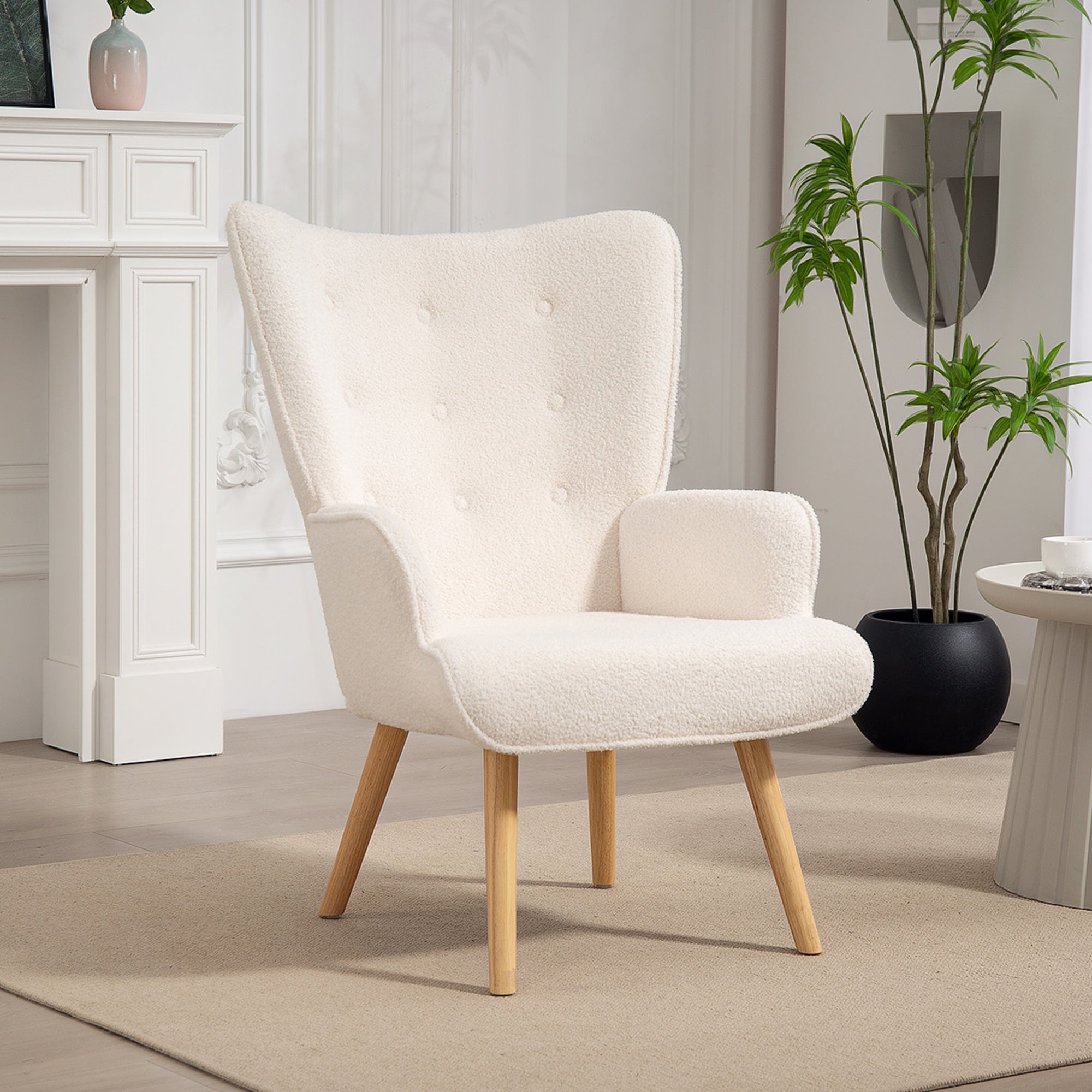 Fauteuil de salon en tissu bouclé, capitonné et rembourré, pieds en bois, 71 x 74 x 96 cm, beige - 4