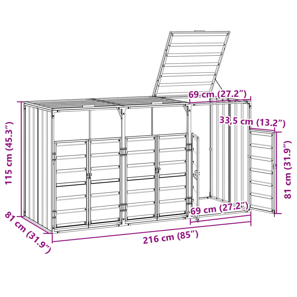 Rangement à roulettes pour poubelles pour trois bacs acier vidaXL - 3