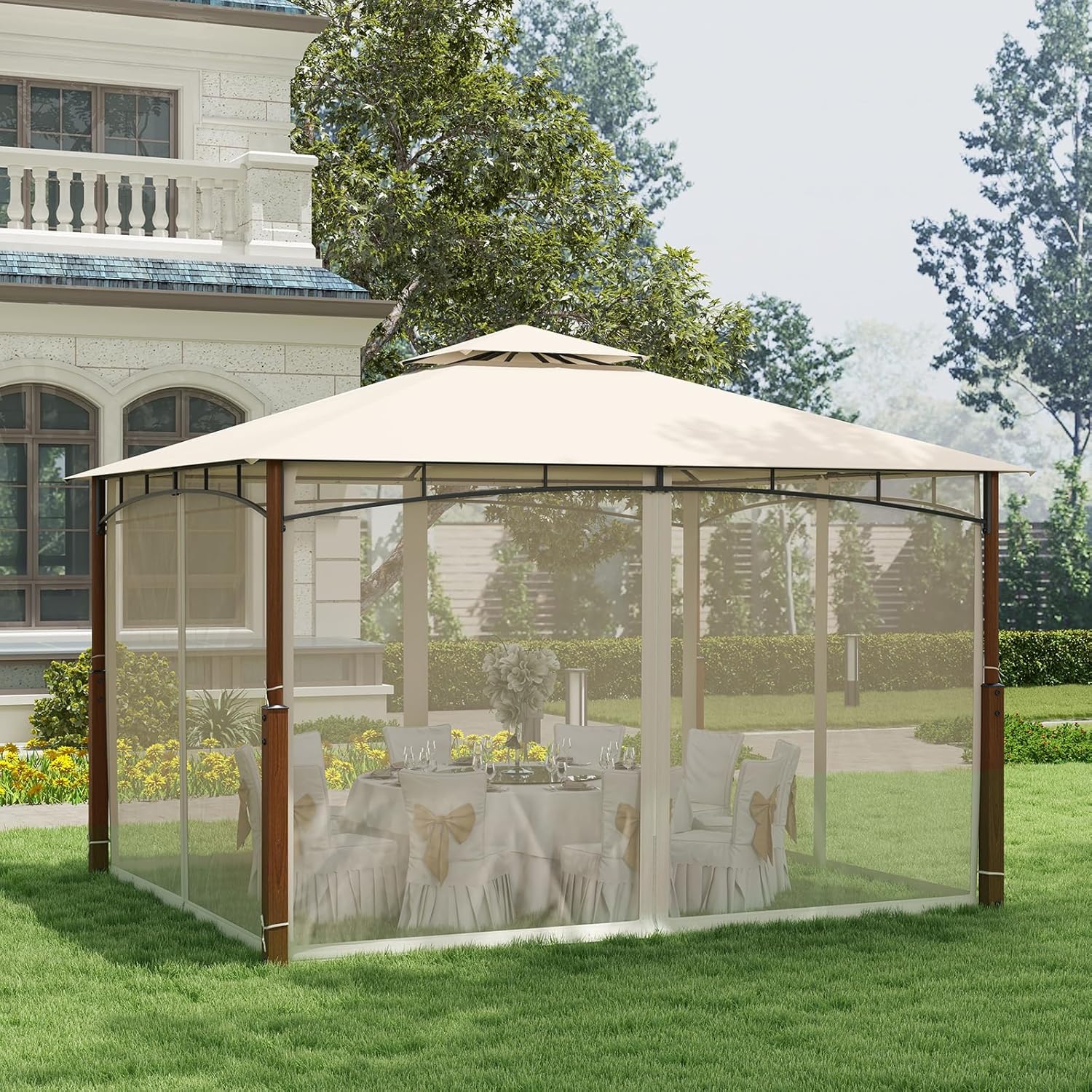 Cenador de jardín de 3 x 3,6 m, pabellón terraza con techos dobles ventilados, paredes de red transpirable, clavos de suelo, pabellón exterior - 7